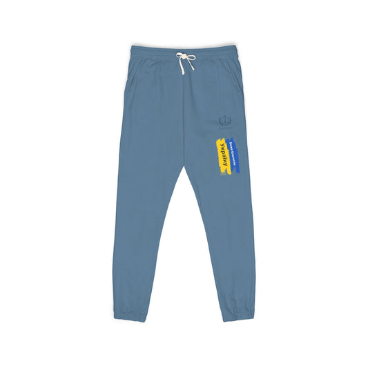 Emblem Brushstroke Sweatpants — Cozy Fleece Joggers with Yellow & Blue Accent