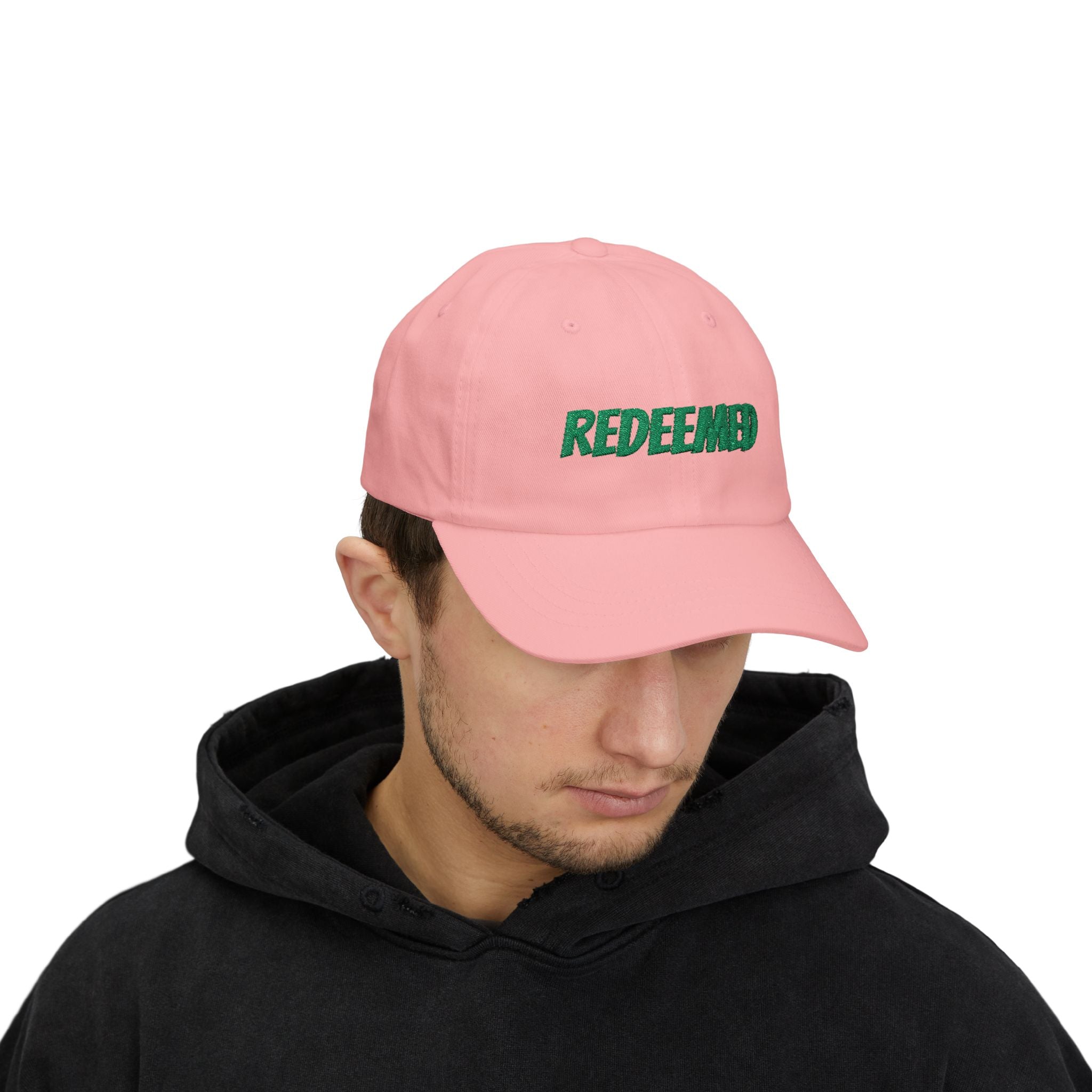 Redeemed Embroidered Dad Cap — White Baseball Hat with Green Script