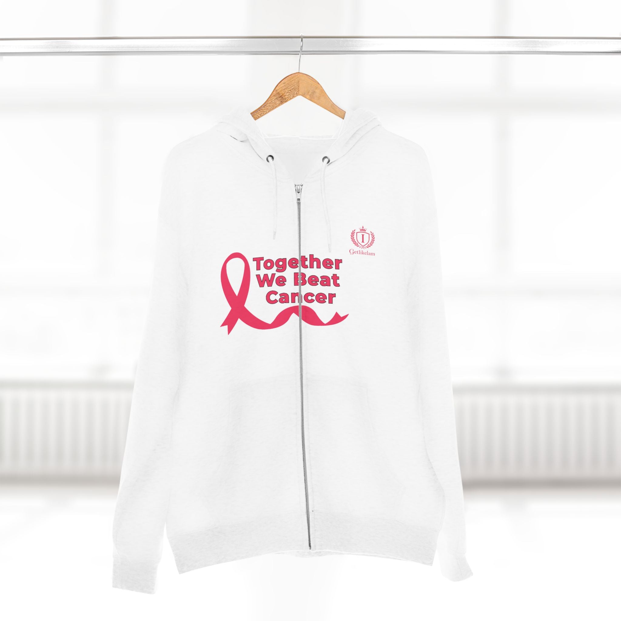 Breast Cancer Awareness Zip Hoodie — "Together We Beat Cancer" Pink Ribbon