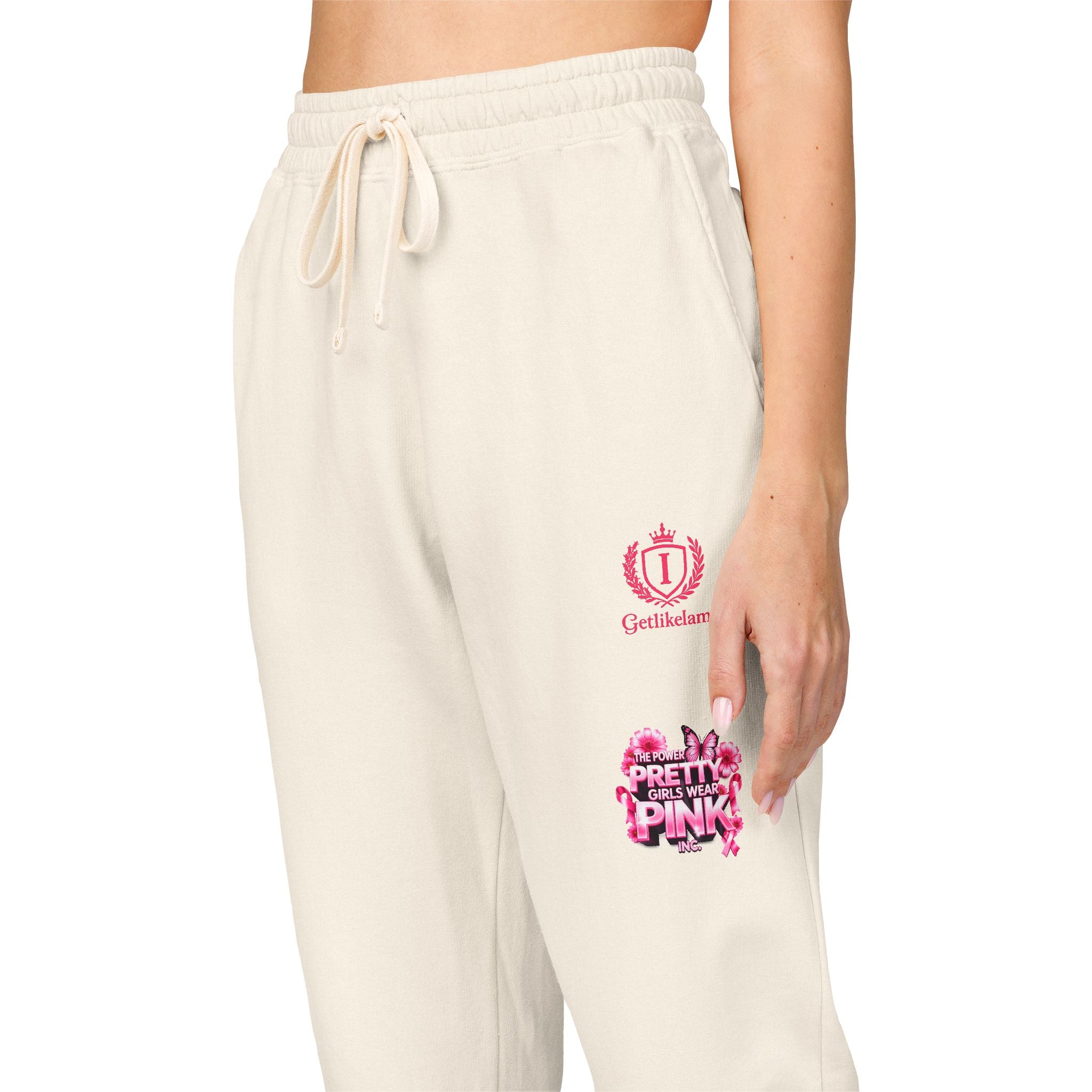 Embroidered Pink Floral Logo Sweatpants — Garment-Dyed Fleece Joggers