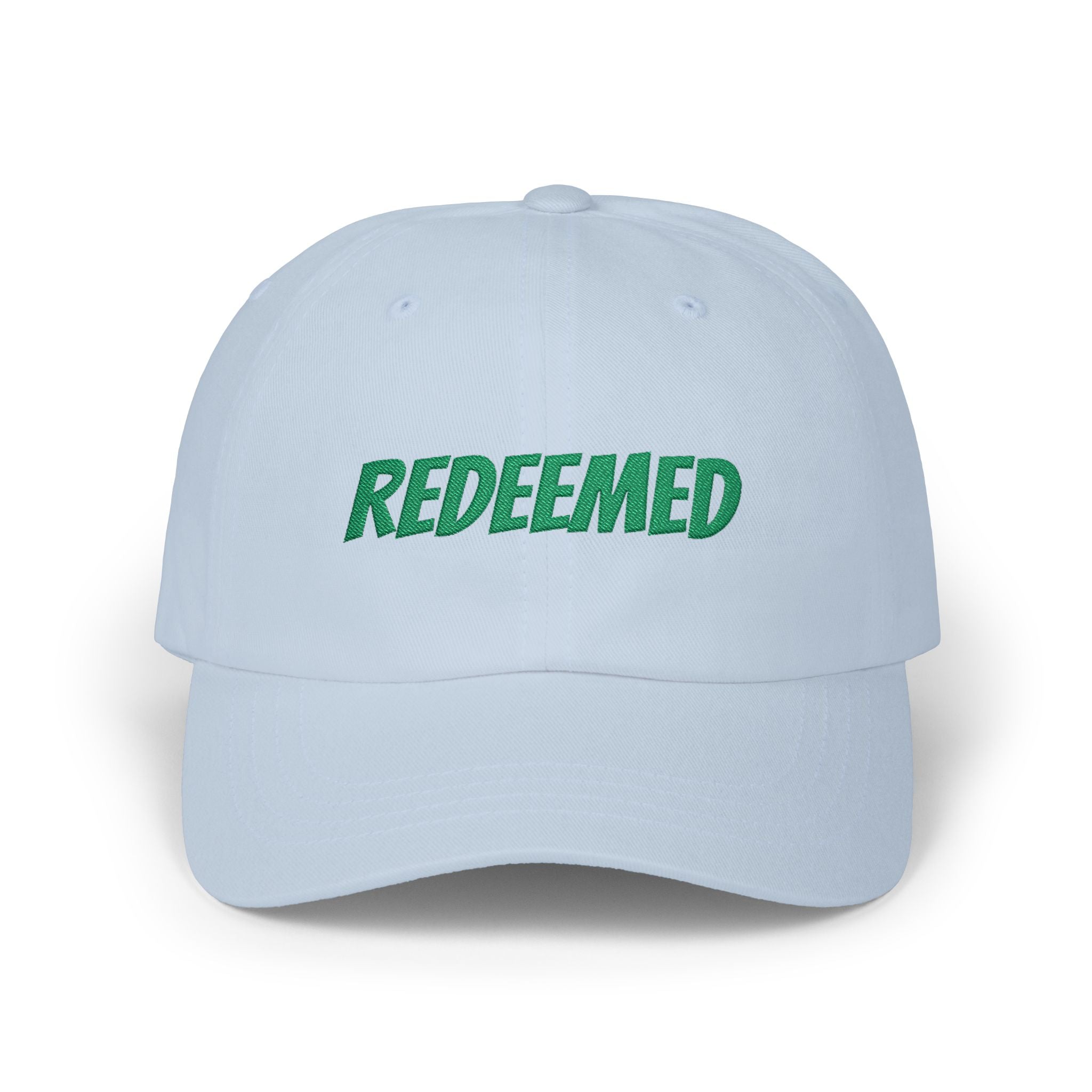 Redeemed Embroidered Dad Cap — White Baseball Hat with Green Script