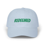 Redeemed Embroidered Dad Cap — White Baseball Hat with Green Script