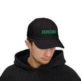 Redeemed Embroidered Dad Cap — White Baseball Hat with Green Script