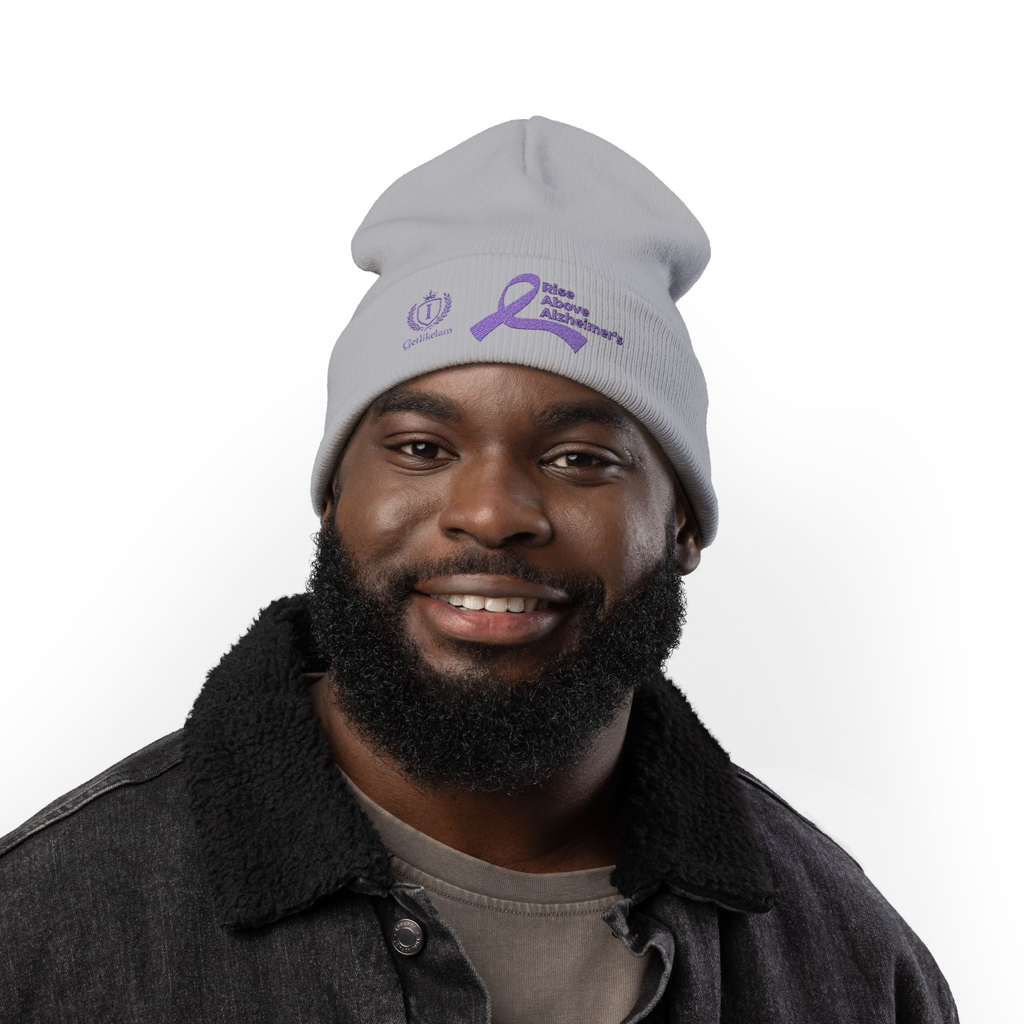 Alzheimer's Awareness Knit Beanie - Purple Ribbon Embroidered