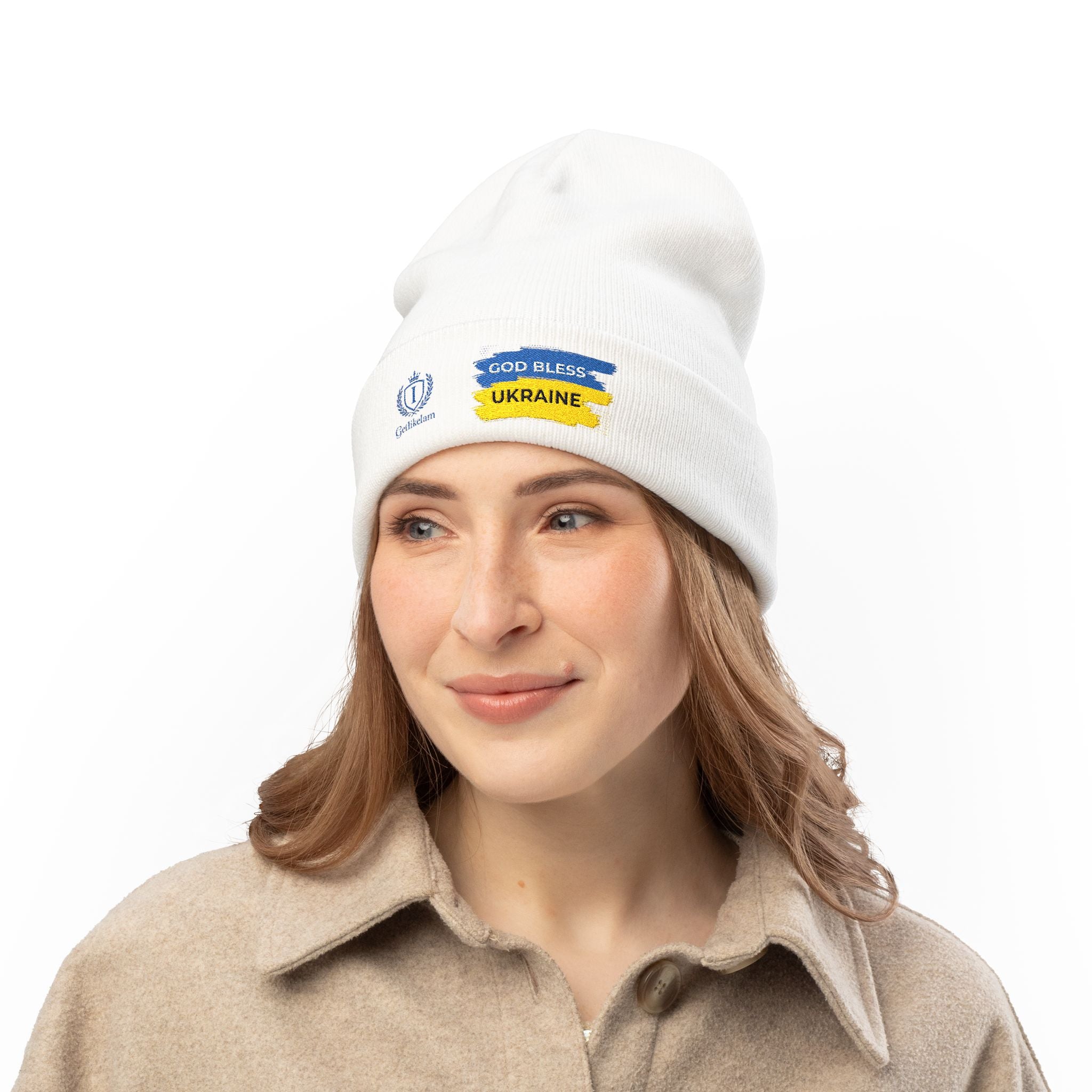 Embroidered 'God Bless Ukraine' Knit Beanie — Supportive Winter Hat