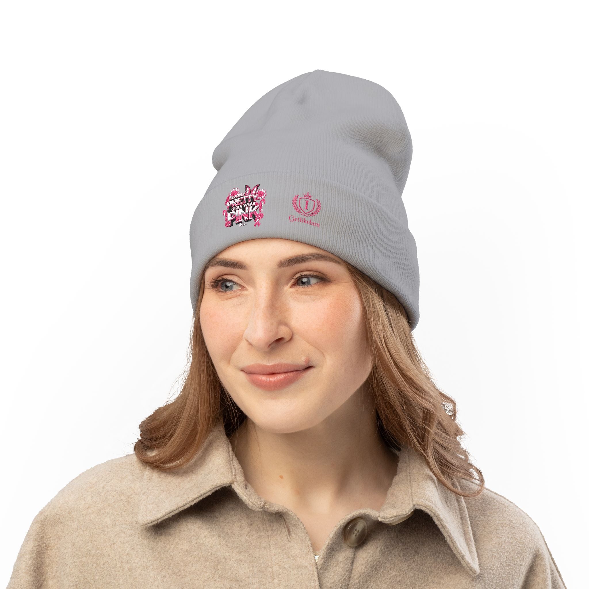 Embroidered Knit Beanie — "Pretty Girls Wear Pink" Unisex Beanie