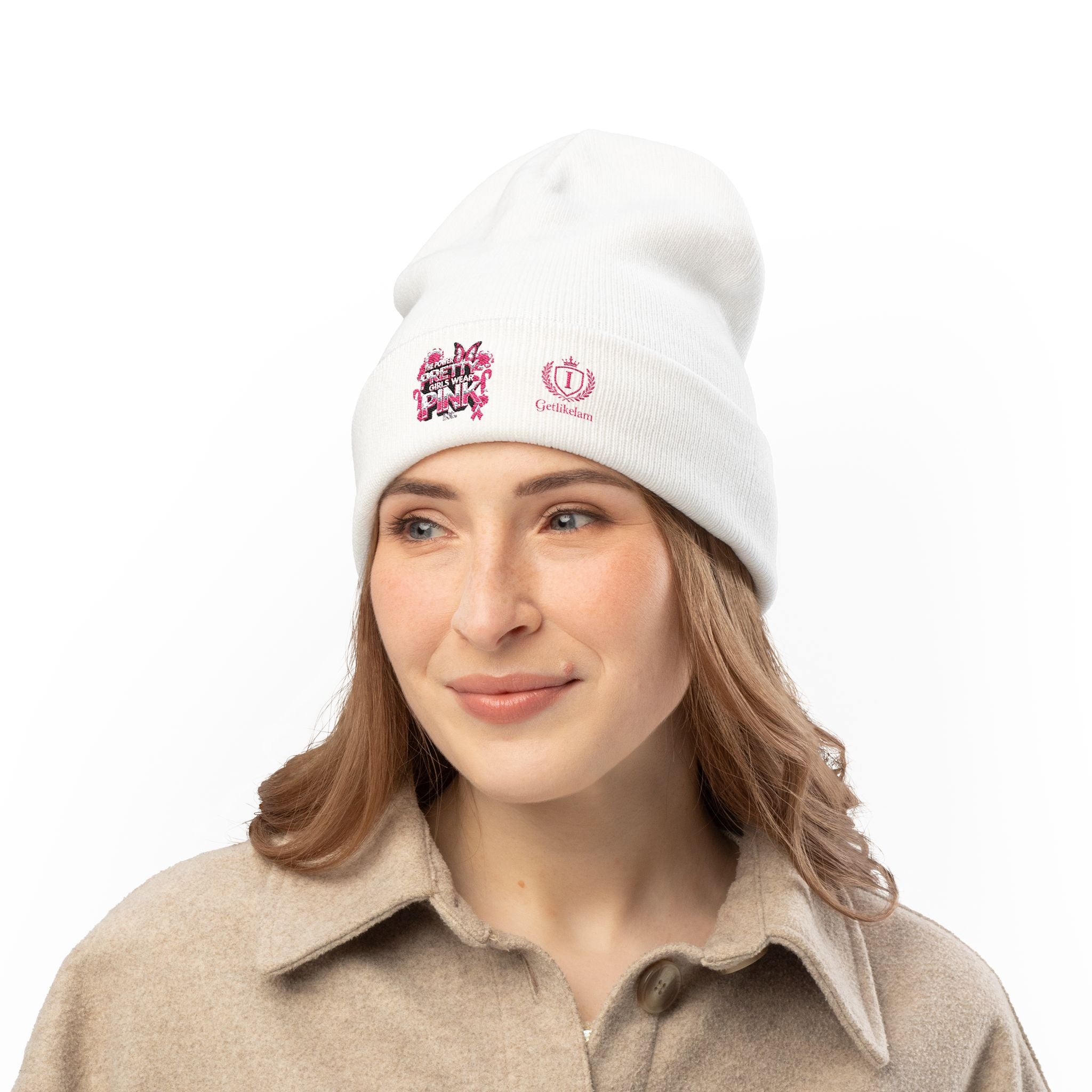 Embroidered Knit Beanie — "Pretty Girls Wear Pink" Unisex Beanie