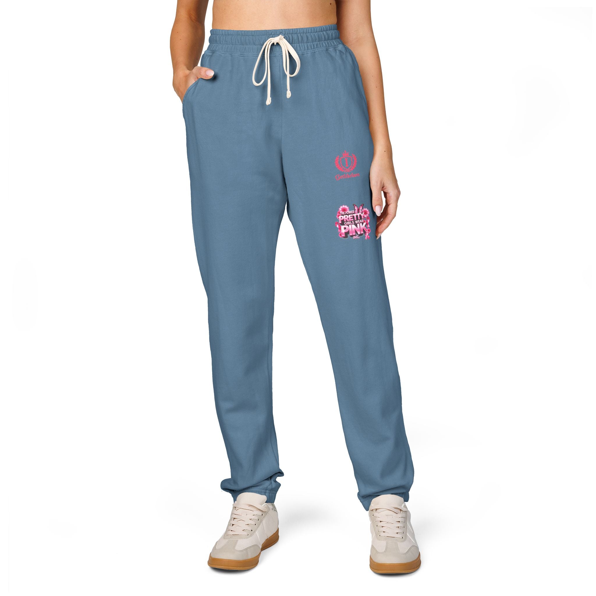 Embroidered Pink Floral Logo Sweatpants — Garment-Dyed Fleece Joggers