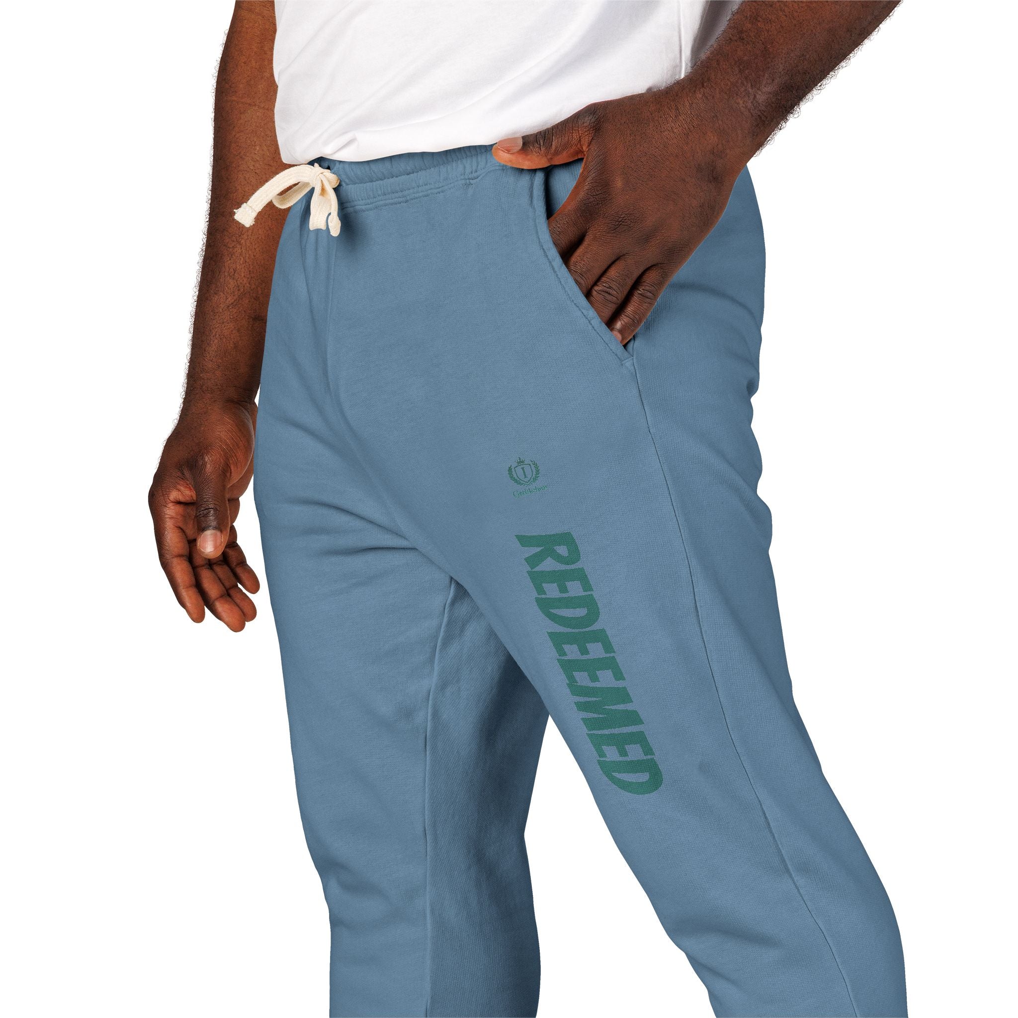 Cream 'Roosevelt' Vertical Logo Sweatpants — Cozy Garment-Dyed Fleece