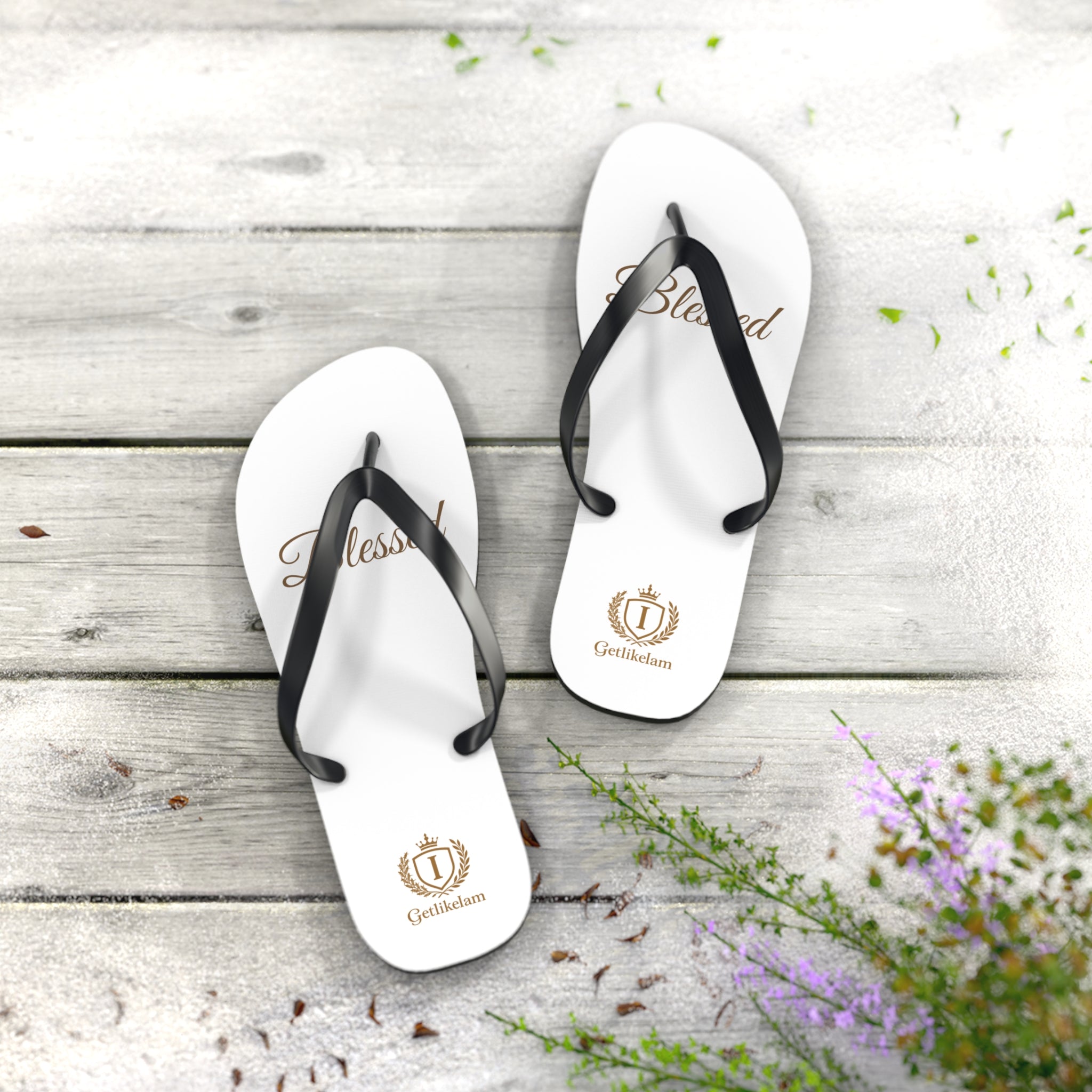 Blessed Flip Flops — White Casual Beach Sandals with Script Logo