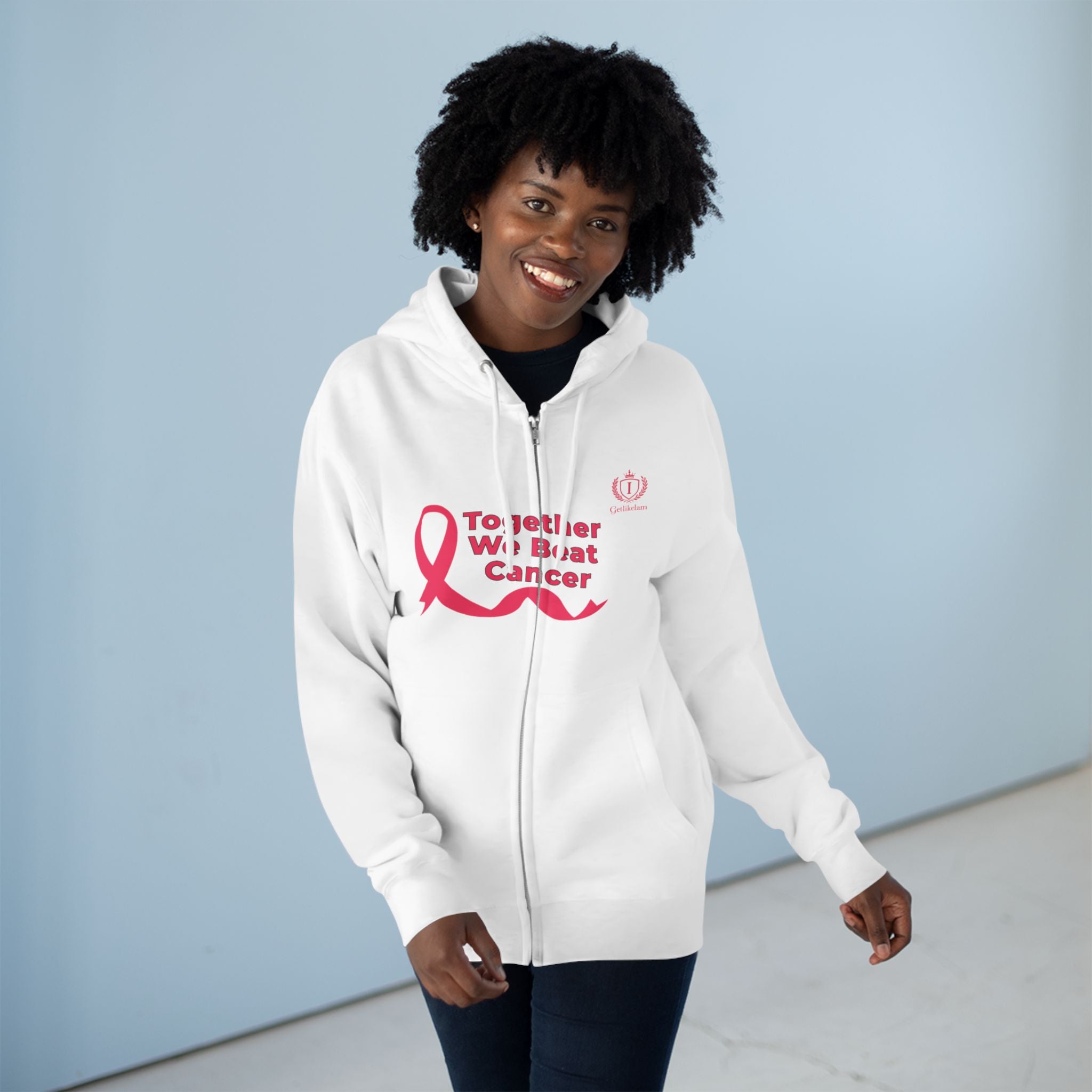 Breast Cancer Awareness Zip Hoodie — "Together We Beat Cancer" Pink Ribbon