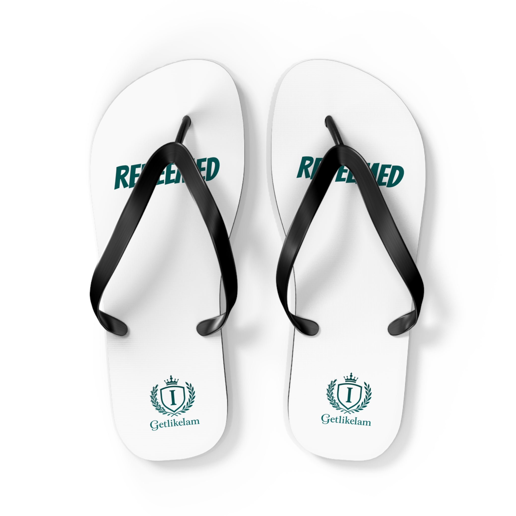 Redeemed Flip Flops — Christian Faith Beach Sandals with Crest Logo