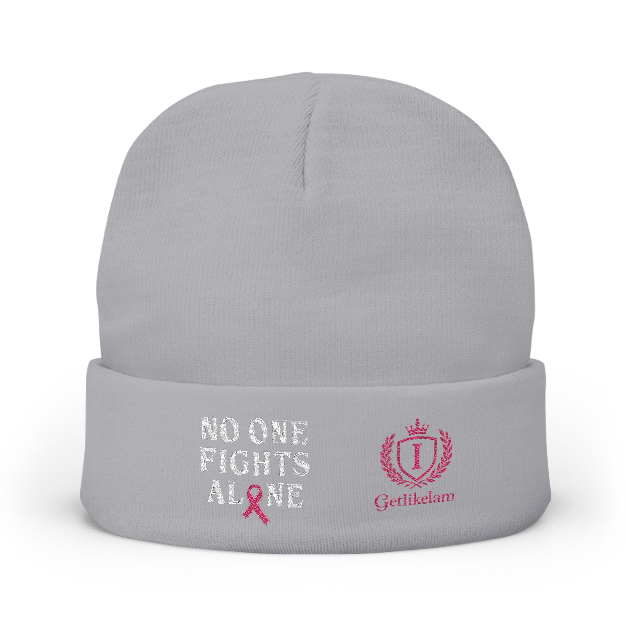 Beanie — "No One Fights Alone" Embroidered Cancer Awareness Knit Cap