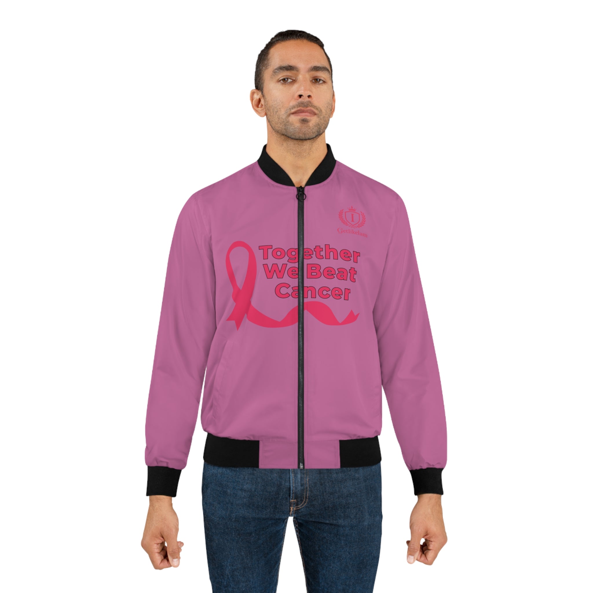 Pink Cancer Awareness Bomber Jacket — "Together We Beat Cancer"