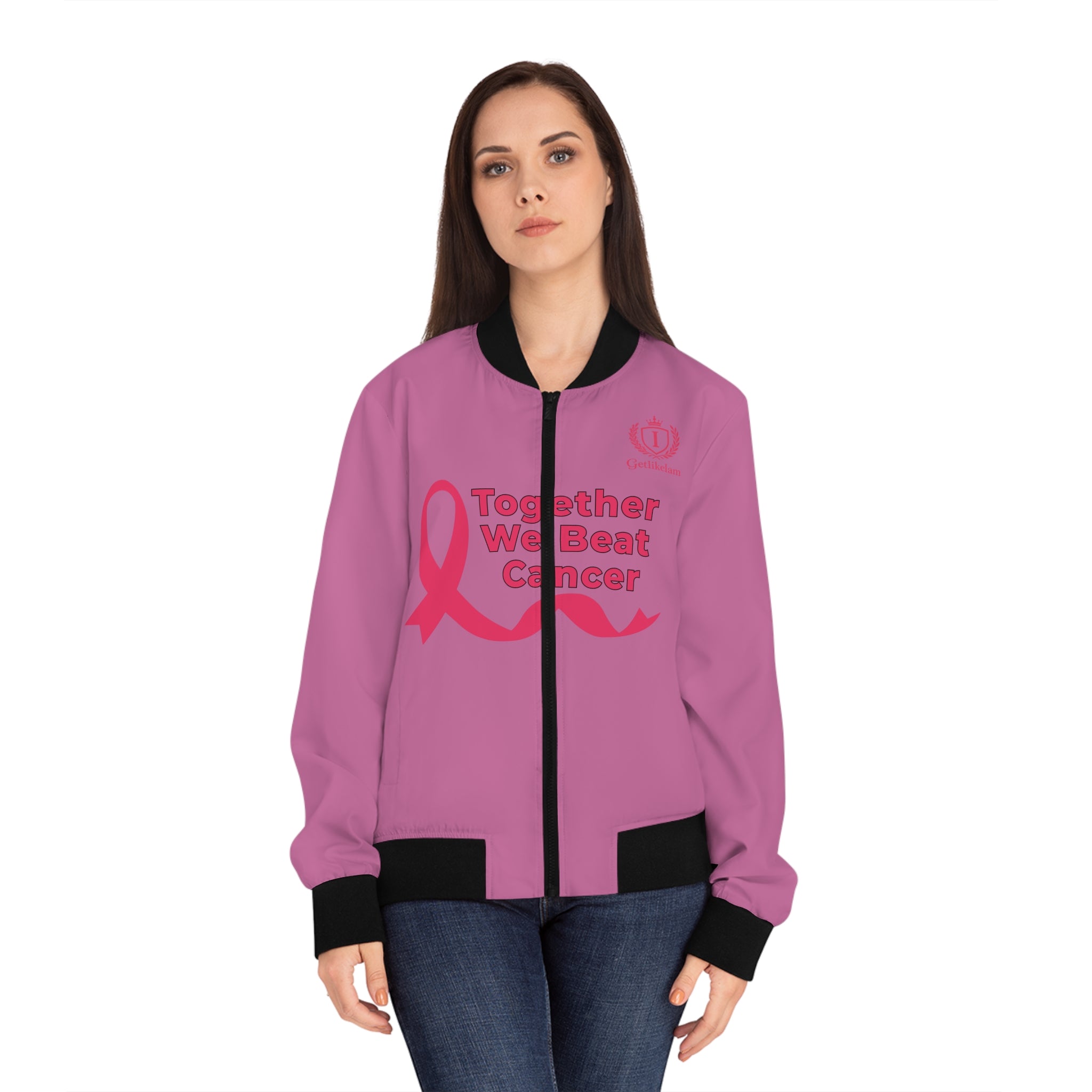 Cancer Awareness Women's Bomber Jacket - "Together We Beat Cancer" Pink Ribbon