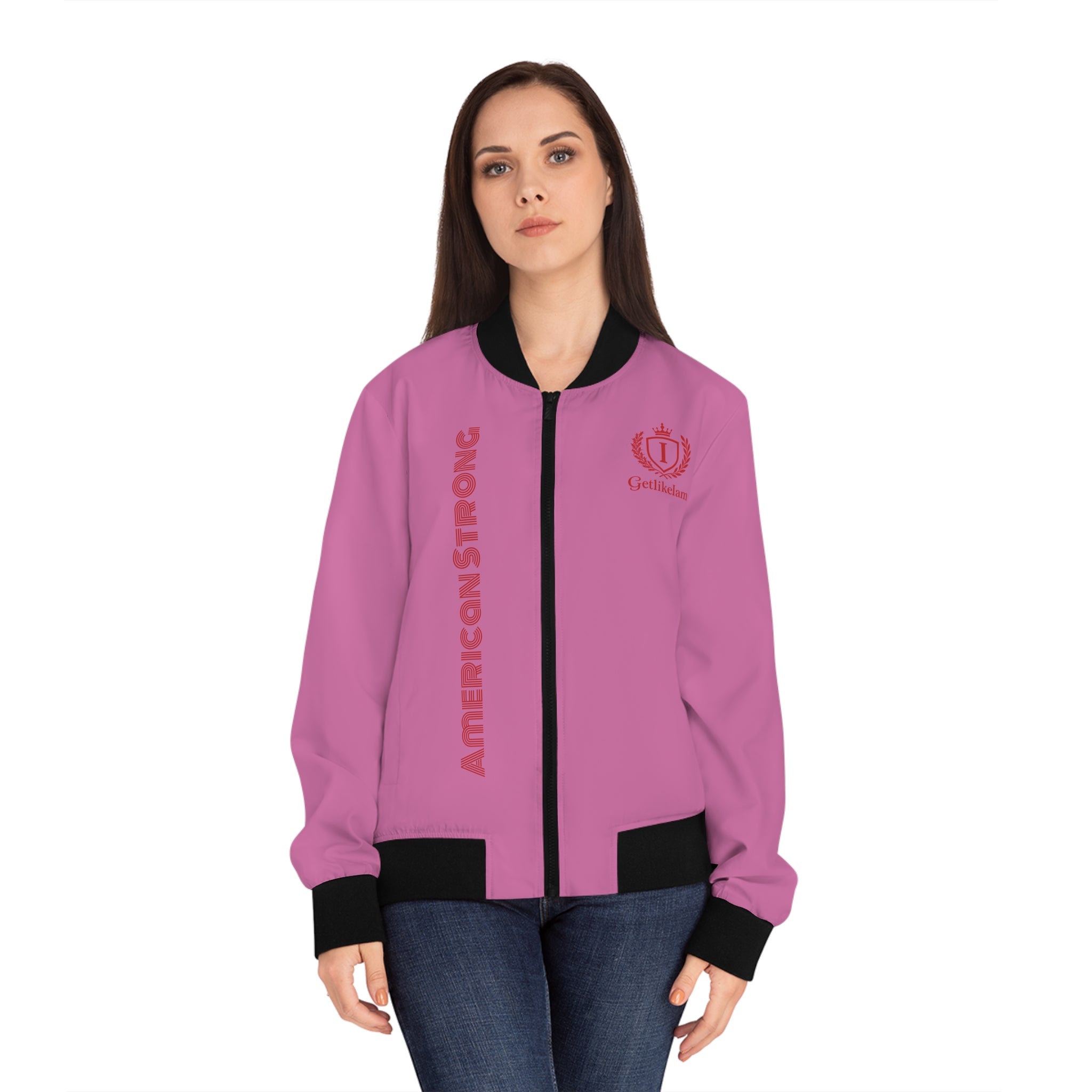 Strong American Women's Bomber Jacket - Patriotic Pink AOP