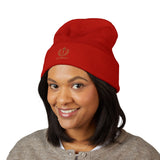 Embroidered Crest Cuffed Beanie — Classic White Knit Hat