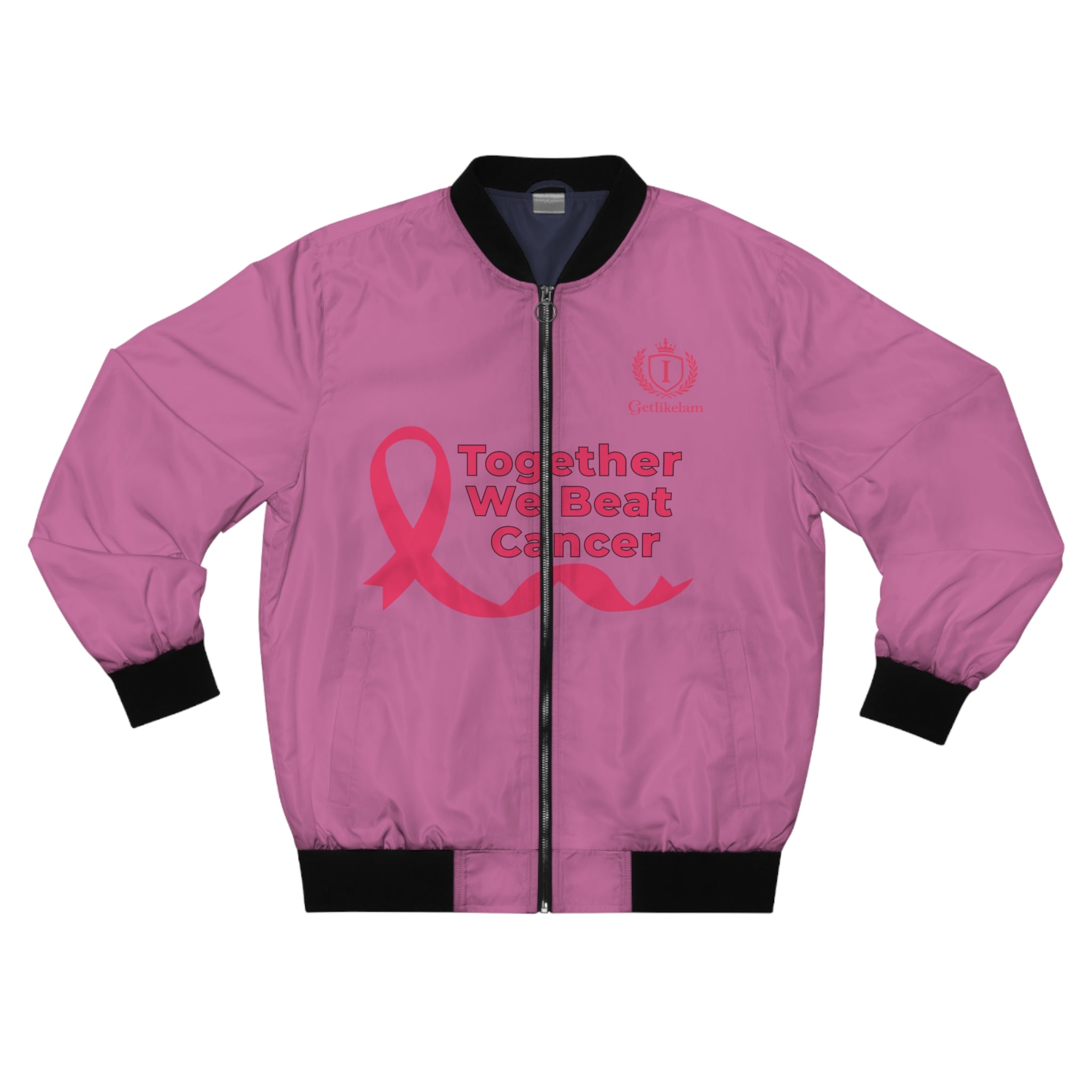 Pink Cancer Awareness Bomber Jacket — "Together We Beat Cancer"