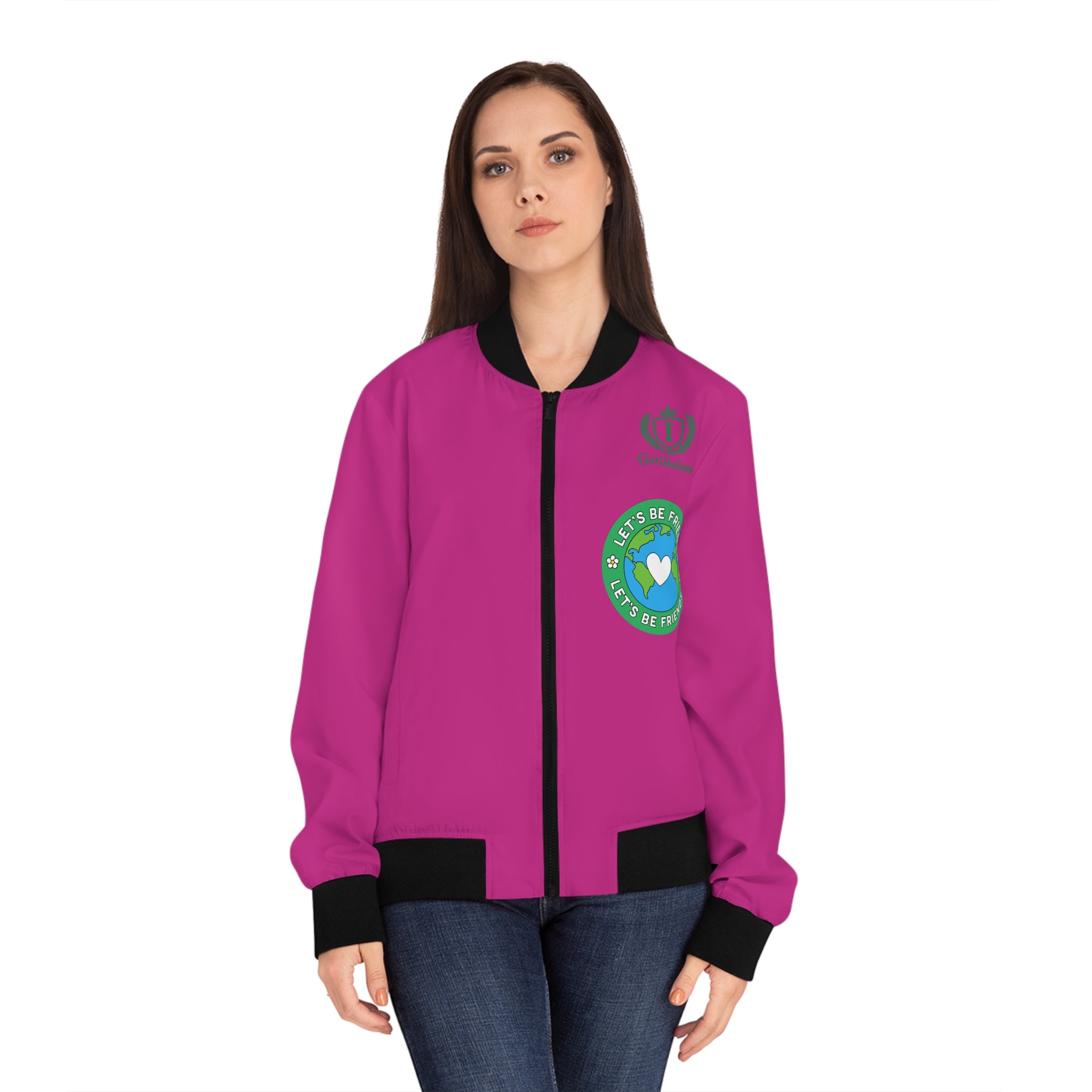 Women's Pink Bomber Jacket — 'Let's Be Friends' Heart Patch Graphic