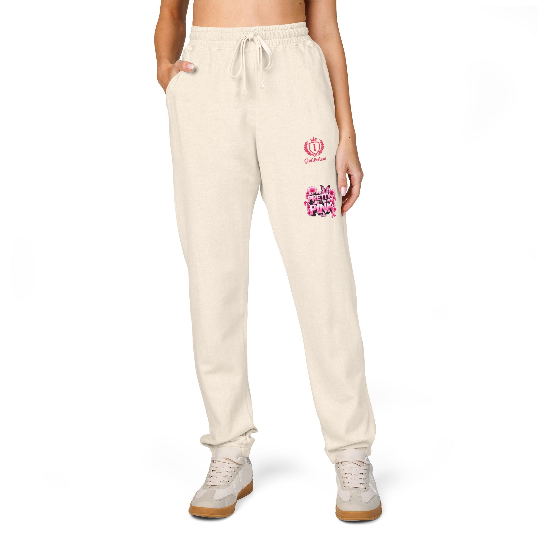 Embroidered Pink Floral Logo Sweatpants — Garment-Dyed Fleece Joggers