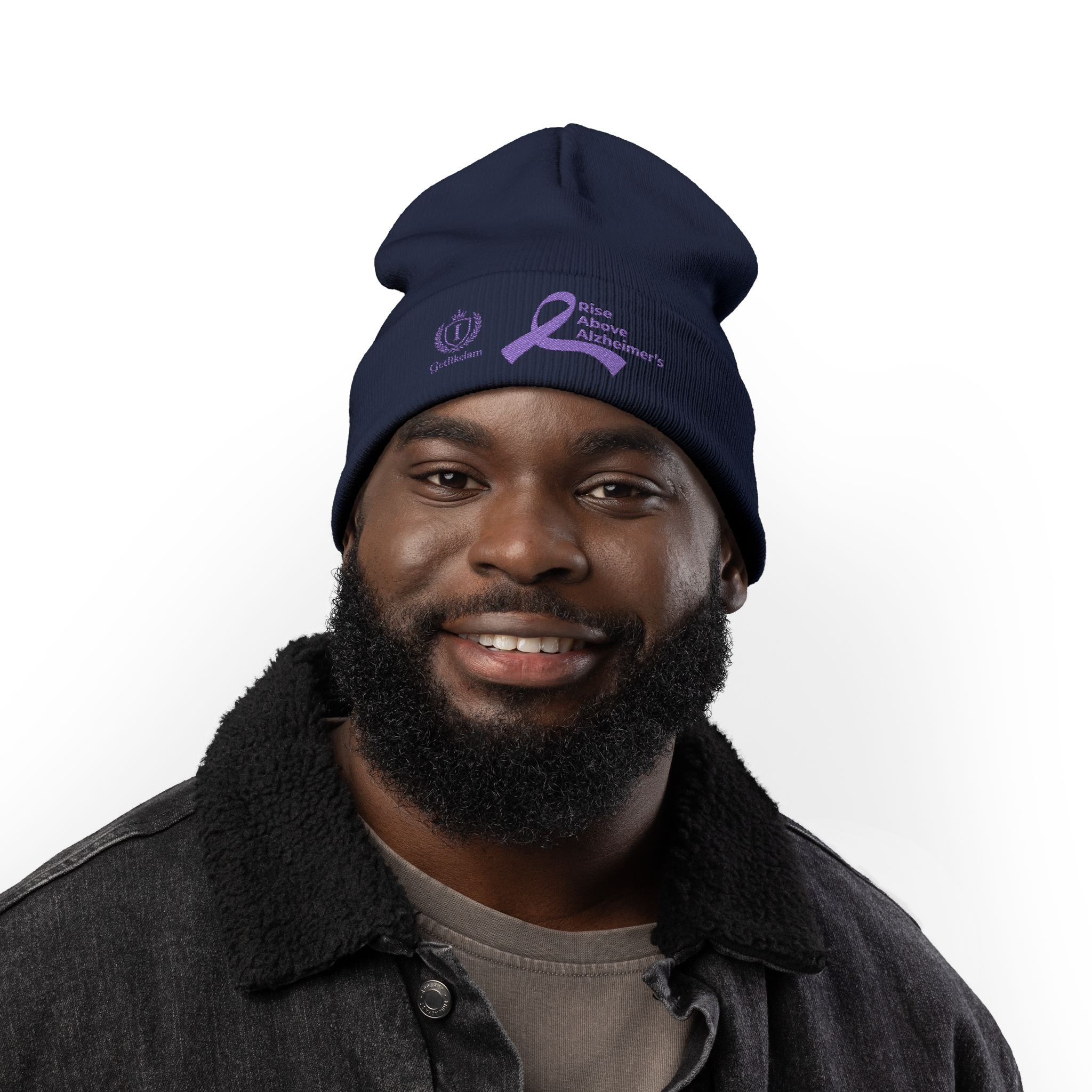 Alzheimer's Awareness Knit Beanie - Purple Ribbon Embroidered