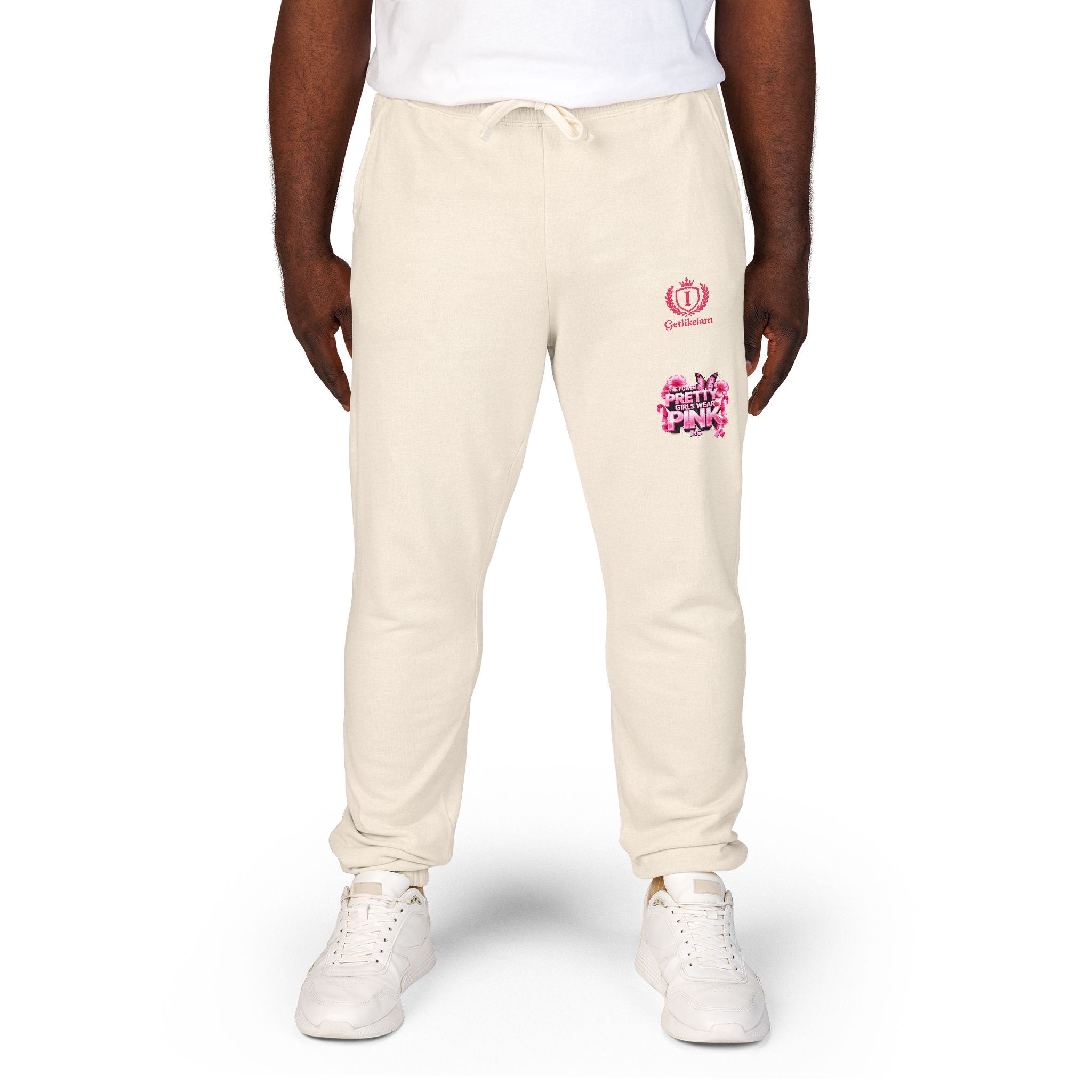 Embroidered Pink Floral Logo Sweatpants — Garment-Dyed Fleece Joggers
