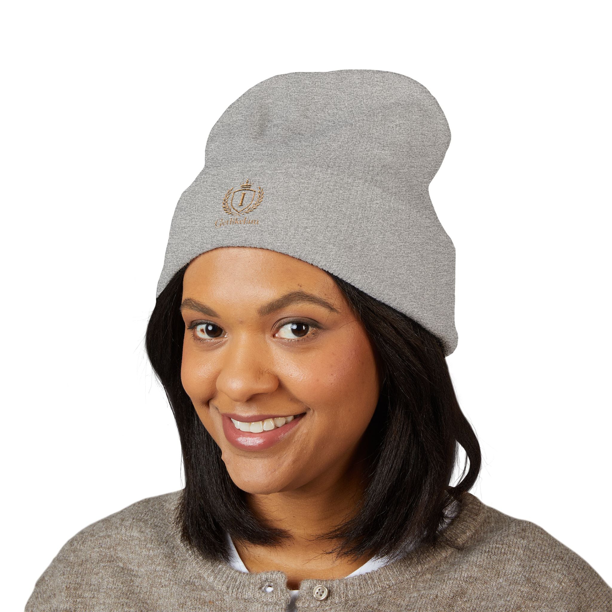 Embroidered Crest Cuffed Beanie — Classic White Knit Hat