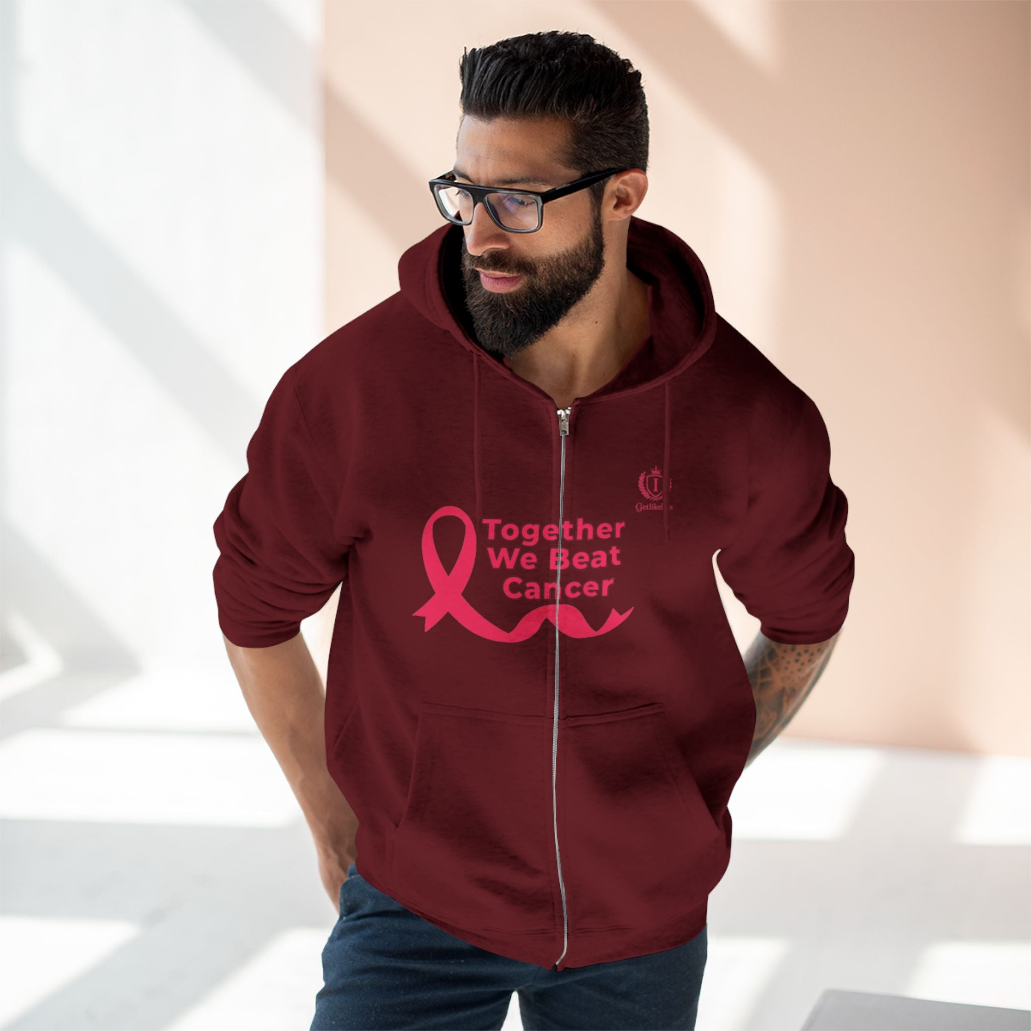 Breast Cancer Awareness Zip Hoodie — "Together We Beat Cancer" Pink Ribbon