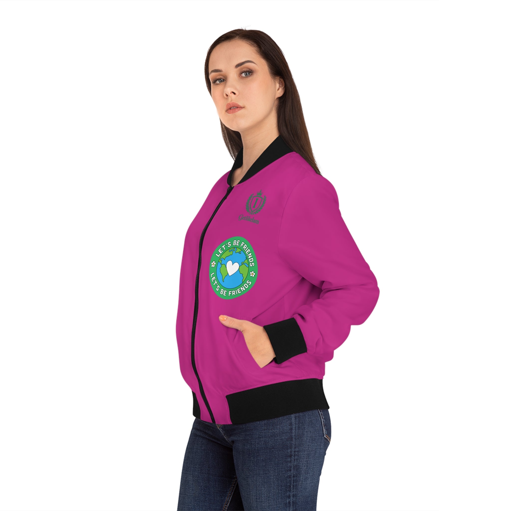 Women's Pink Bomber Jacket — 'Let's Be Friends' Heart Patch Graphic