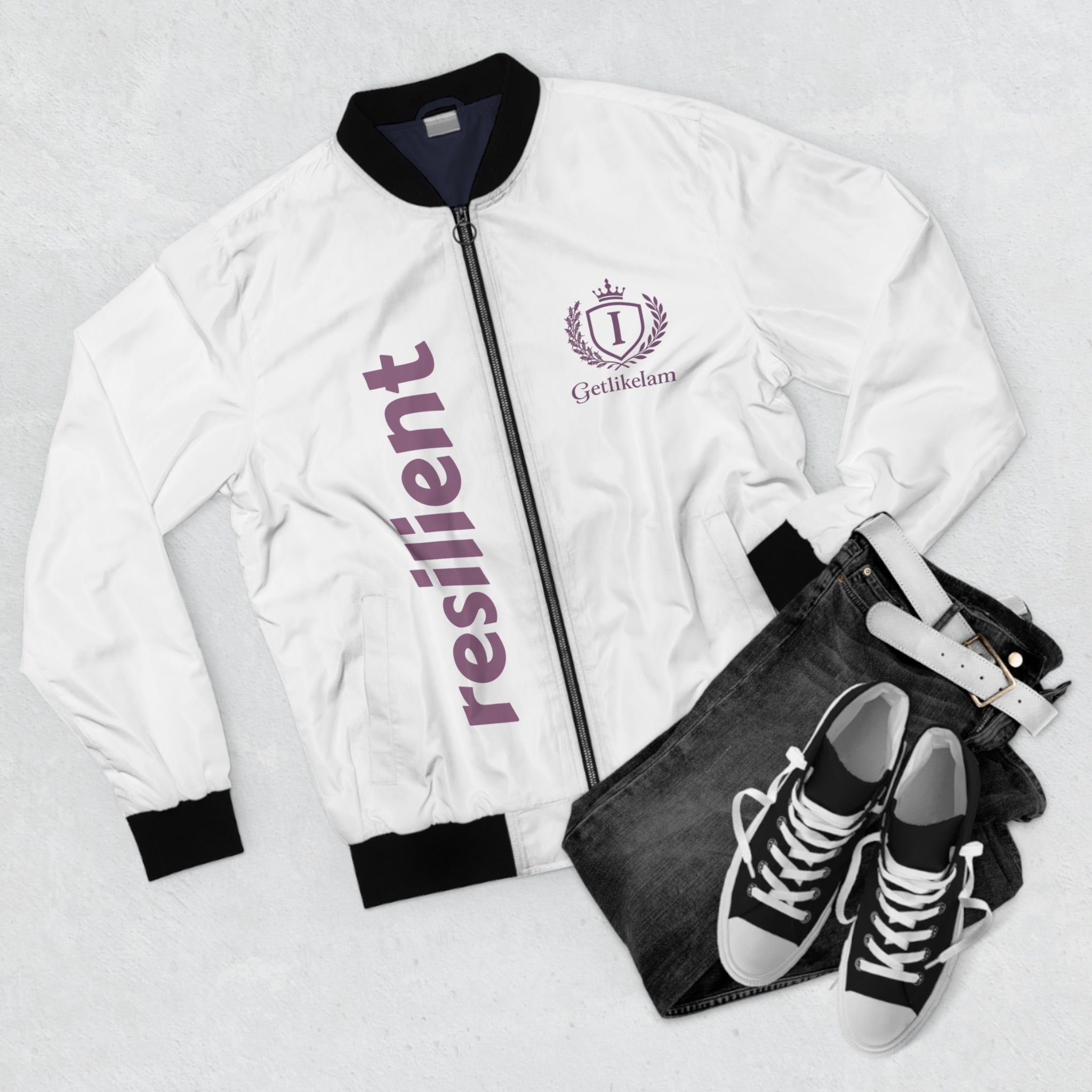 Bomber Jacket — White resilient Embroidered Logo Streetwear