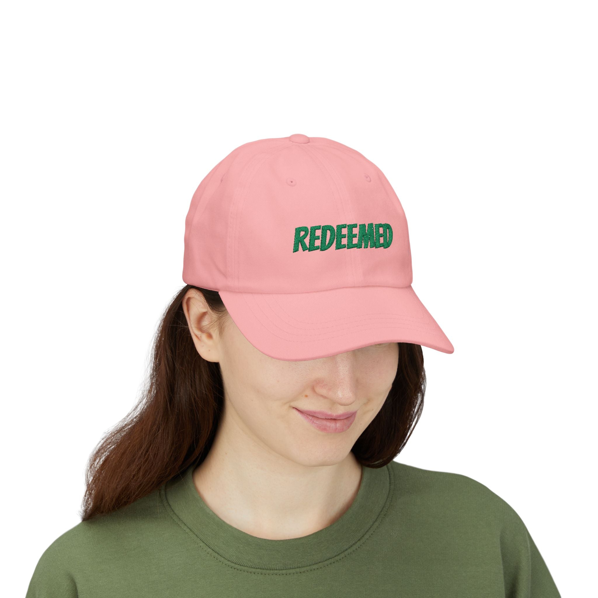 Redeemed Embroidered Dad Cap — White Baseball Hat with Green Script
