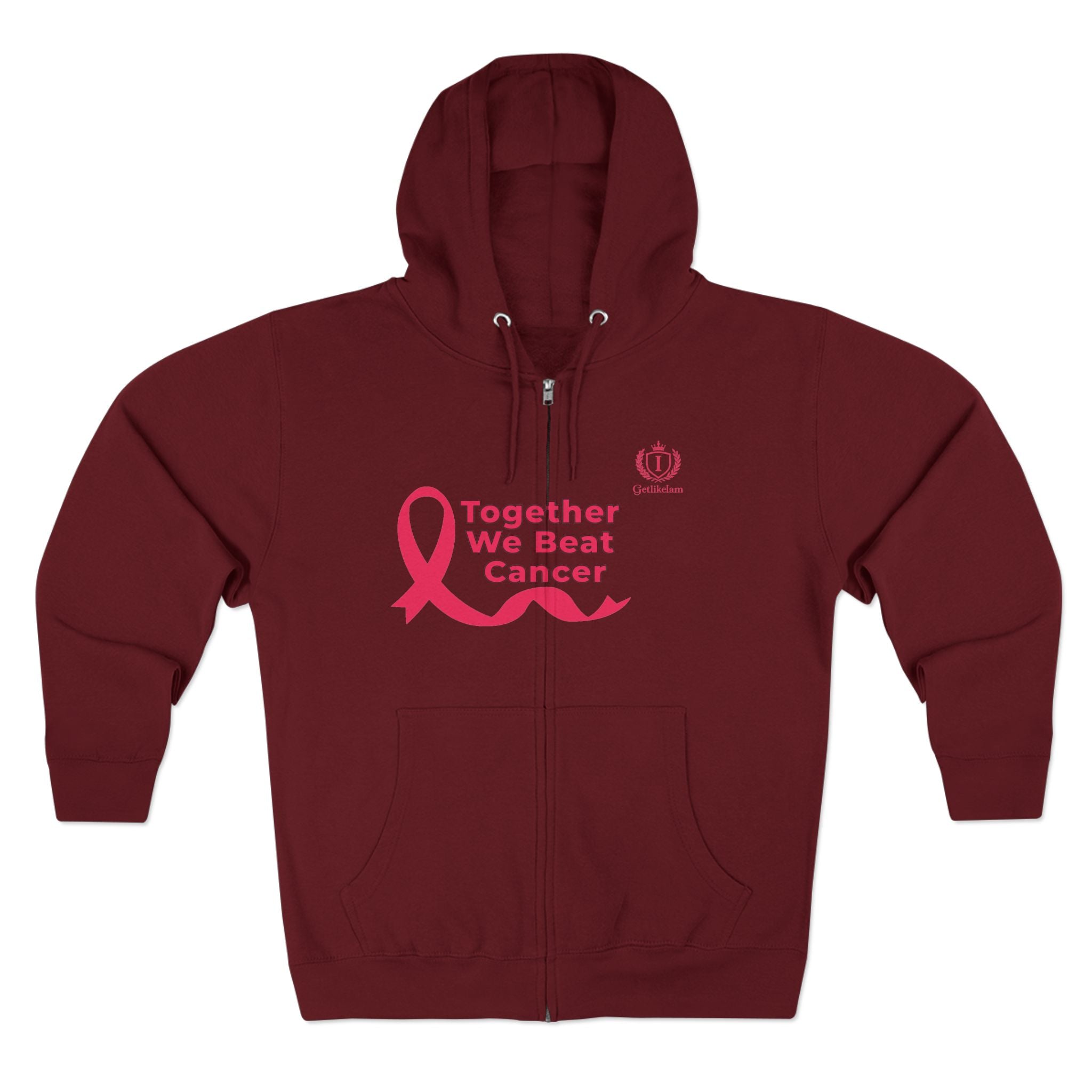 Breast Cancer Awareness Zip Hoodie — "Together We Beat Cancer" Pink Ribbon