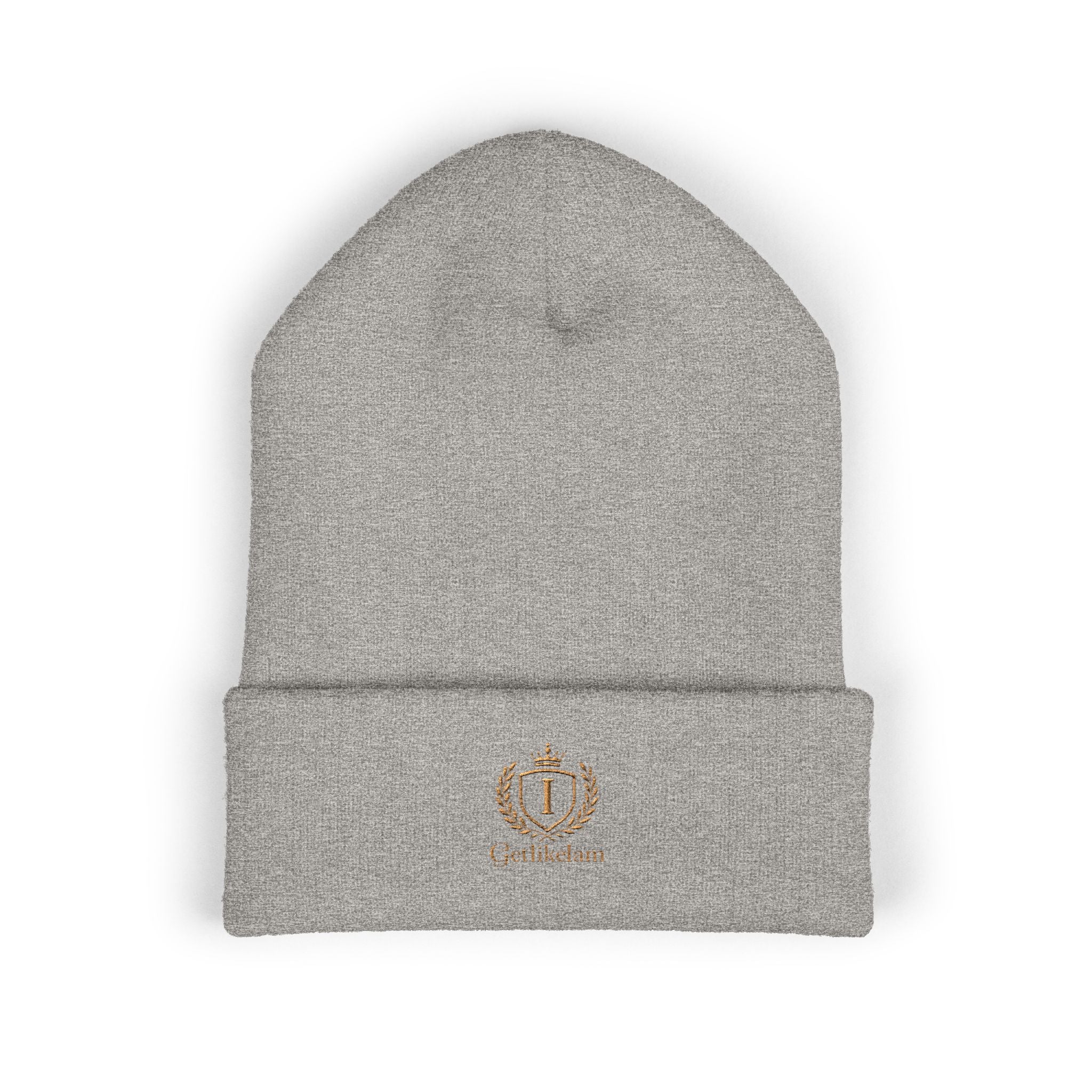 Embroidered Crest Cuffed Beanie — Classic White Knit Hat