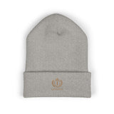Embroidered Crest Cuffed Beanie — Classic White Knit Hat