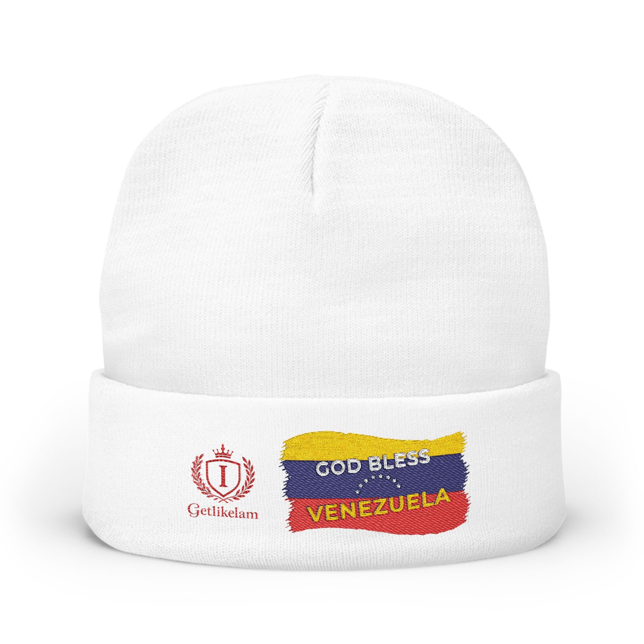 Embroidered "God Bless Venezuela" Knit Beanie — Flag Stripe Winter Hat