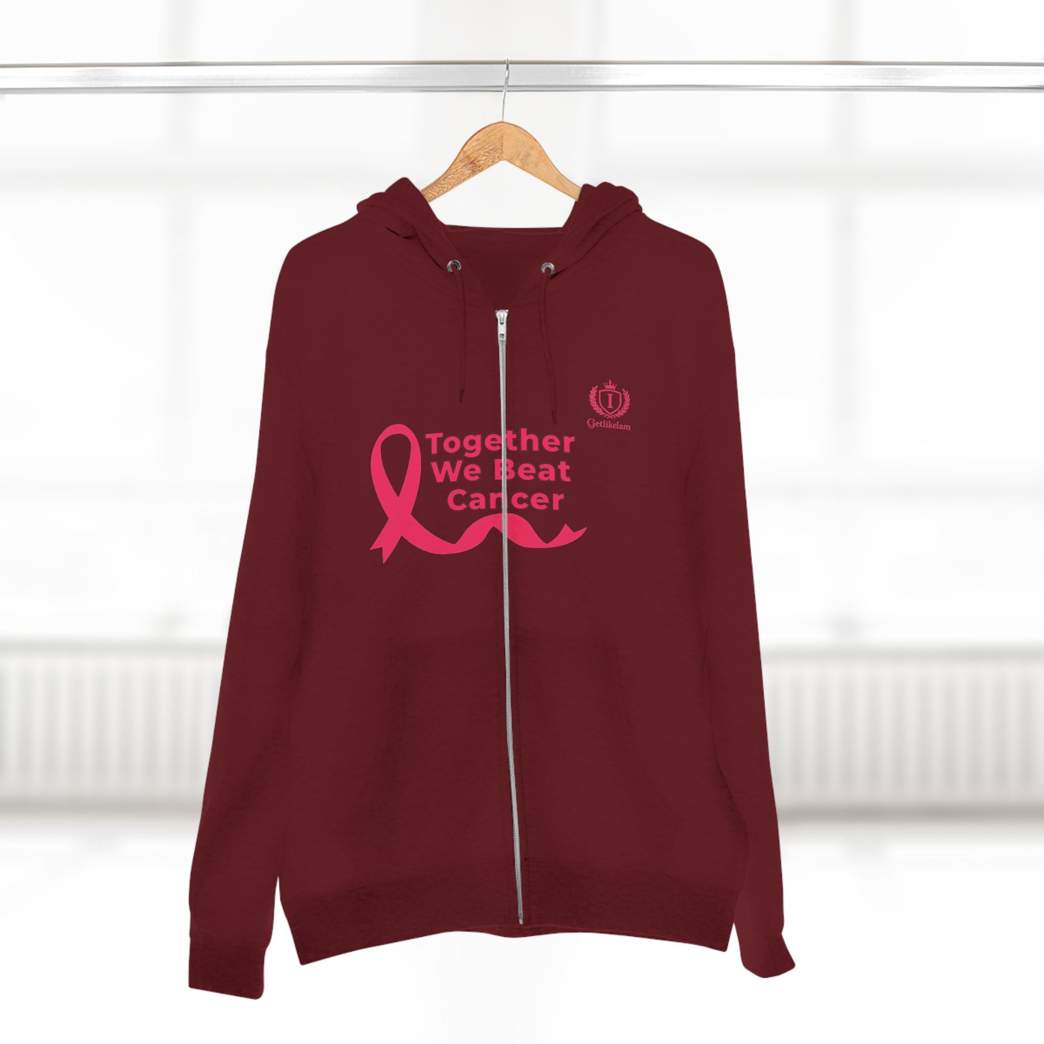 Breast Cancer Awareness Zip Hoodie — "Together We Beat Cancer" Pink Ribbon