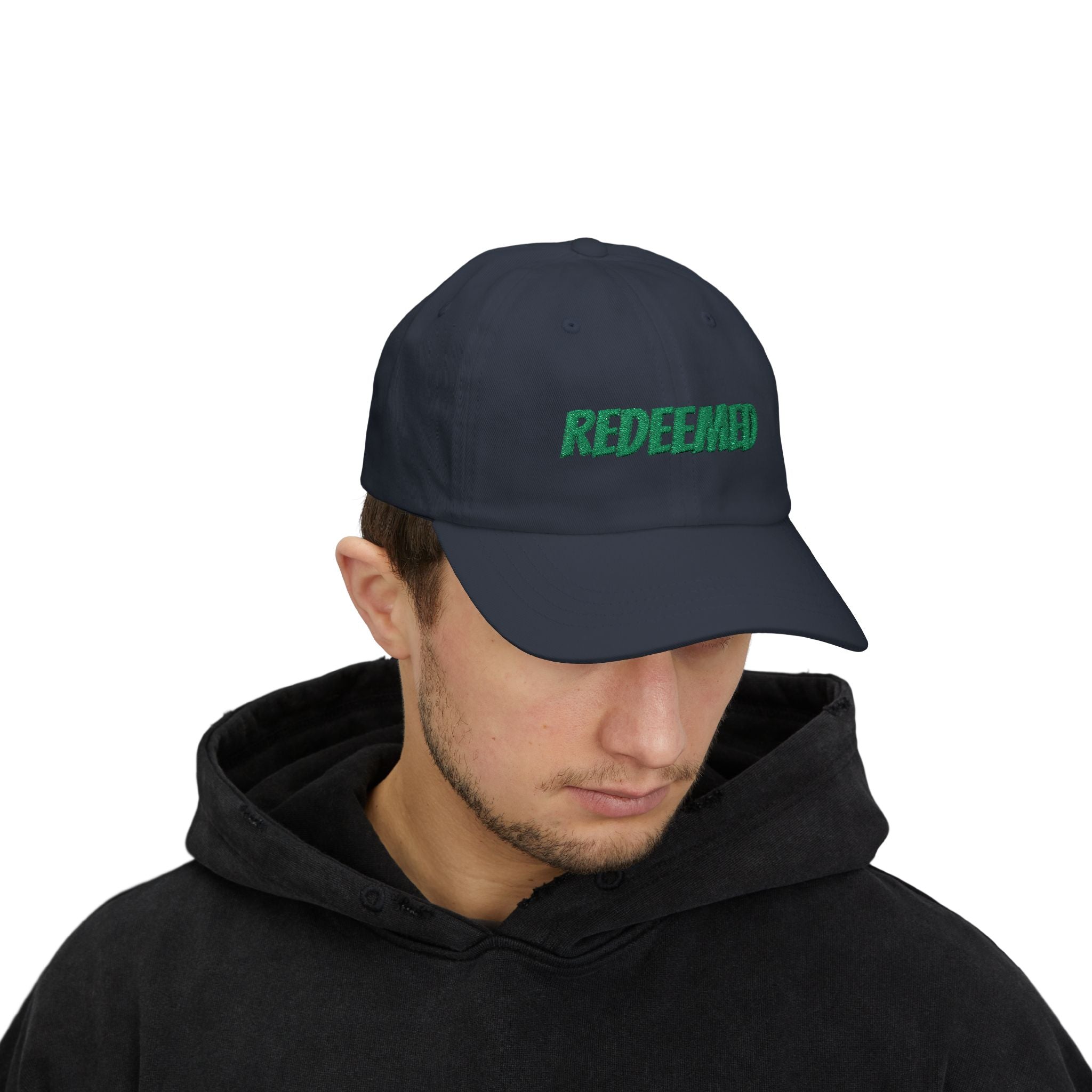 Redeemed Embroidered Dad Cap — White Baseball Hat with Green Script