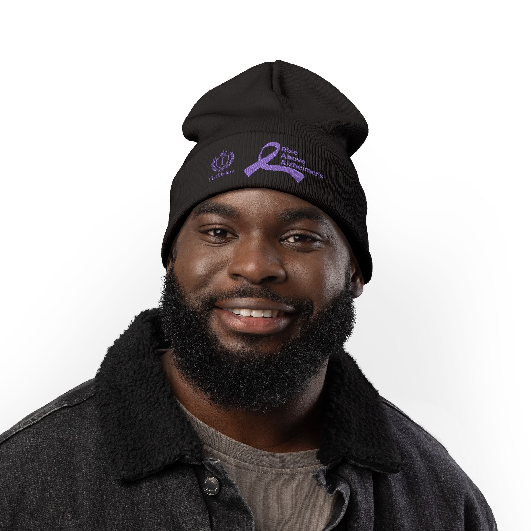 Alzheimer's Awareness Knit Beanie - Purple Ribbon Embroidered
