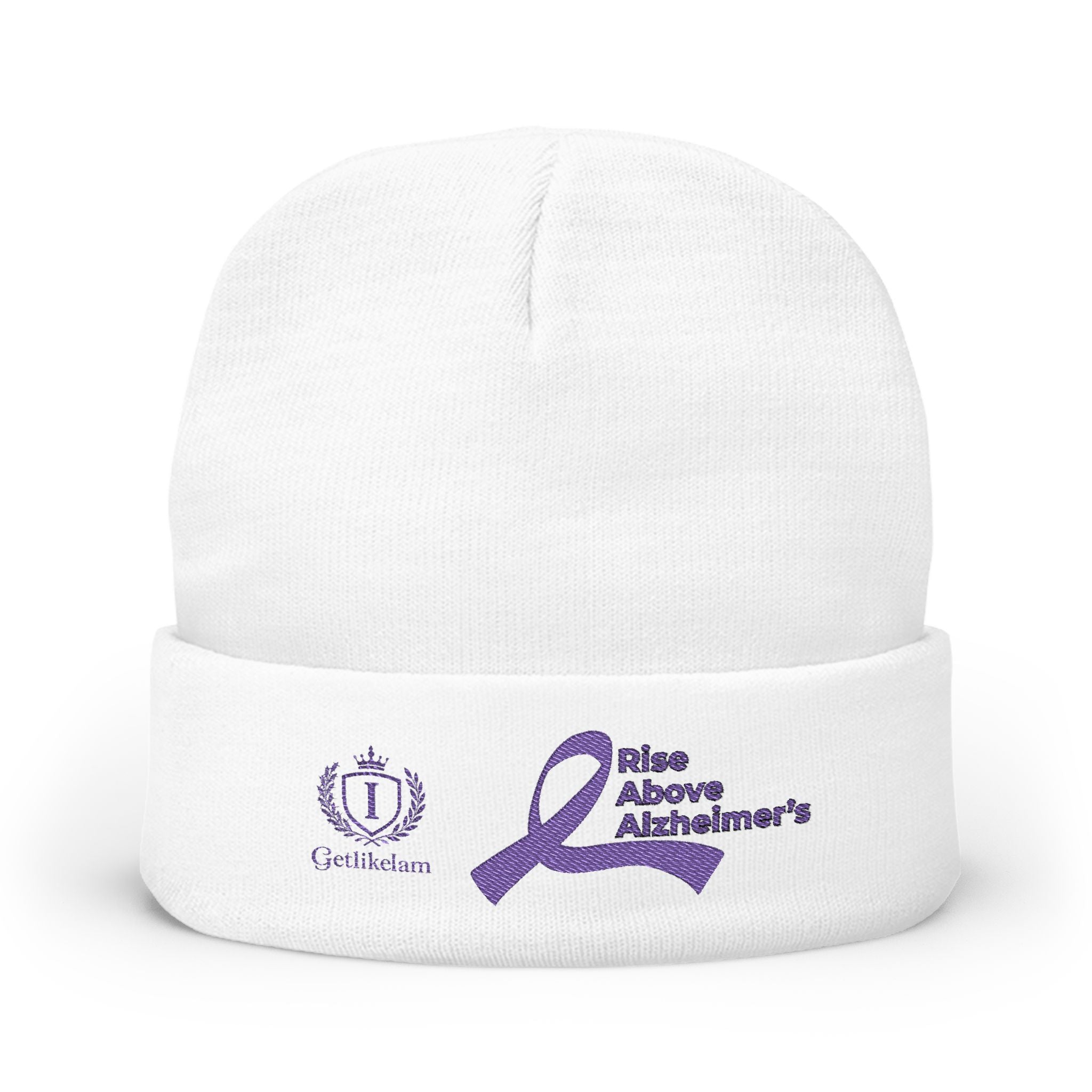 Alzheimer's Awareness Knit Beanie - Purple Ribbon Embroidered