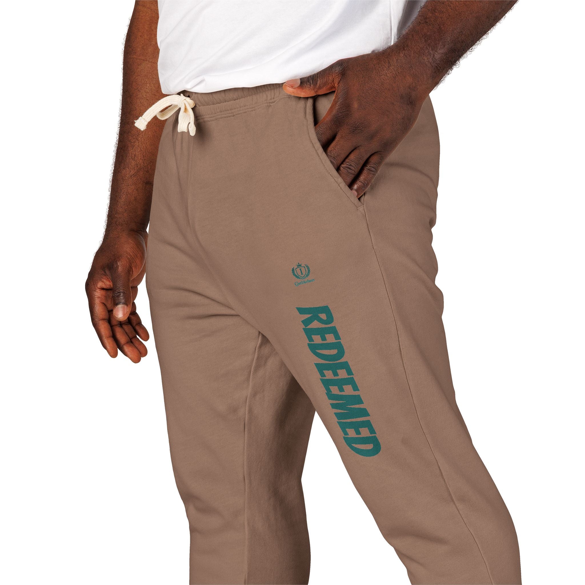 Cream 'Roosevelt' Vertical Logo Sweatpants — Cozy Garment-Dyed Fleece
