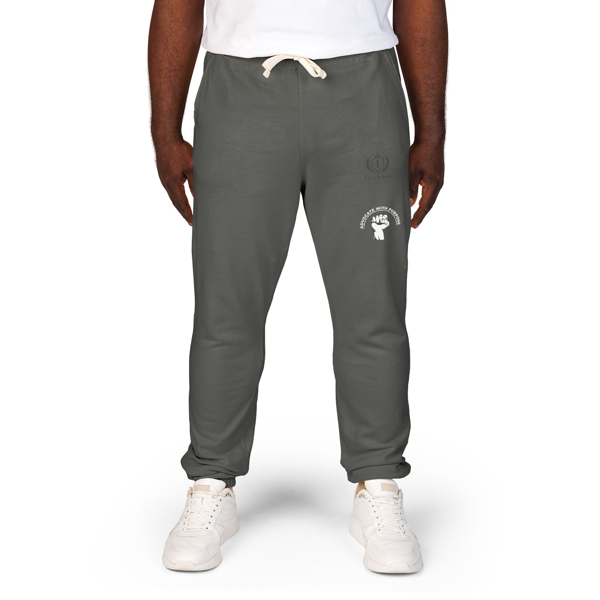 Embroidered Crest Sweatpants — Garment-Dyed Fleece Joggers