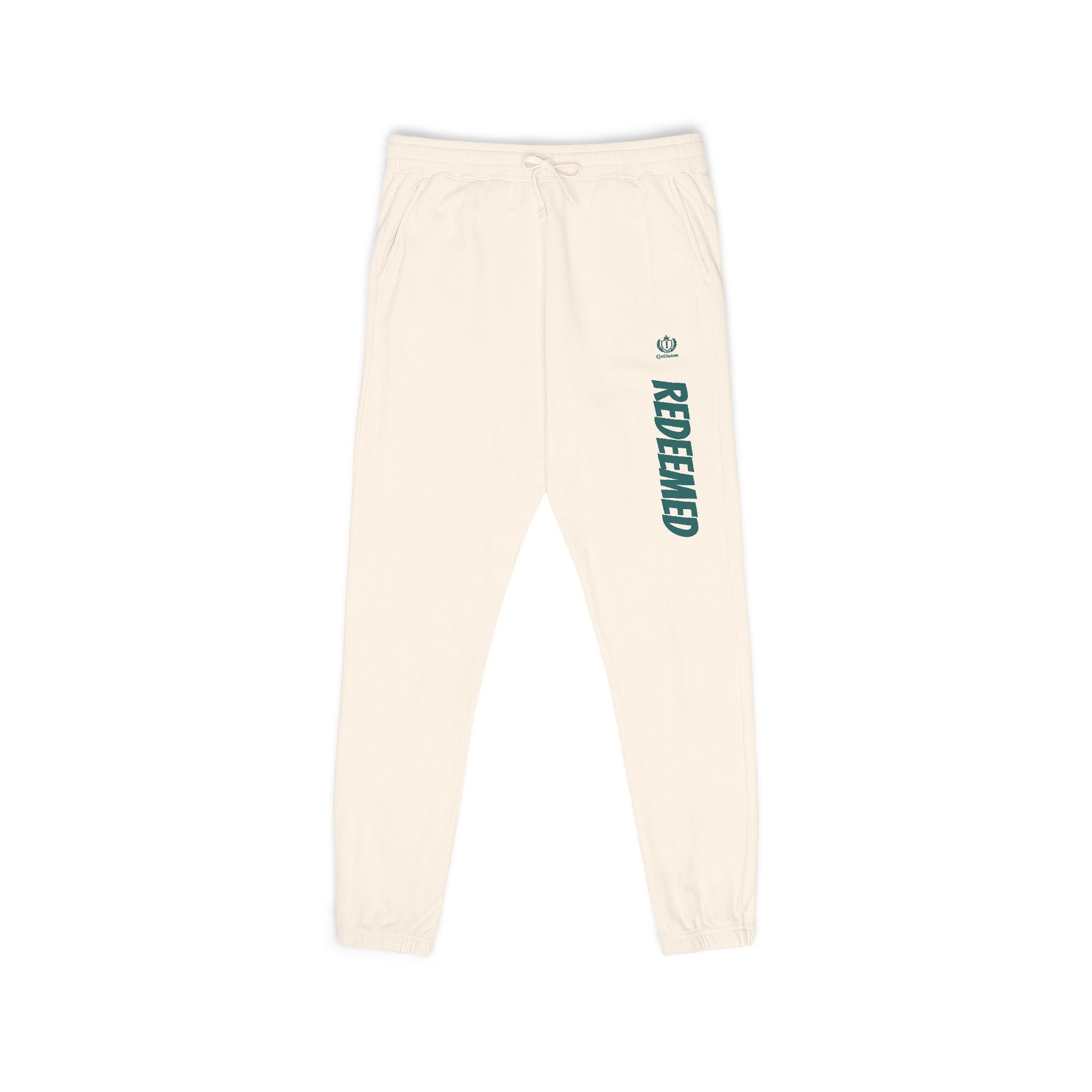 Cream 'Roosevelt' Vertical Logo Sweatpants — Cozy Garment-Dyed Fleece