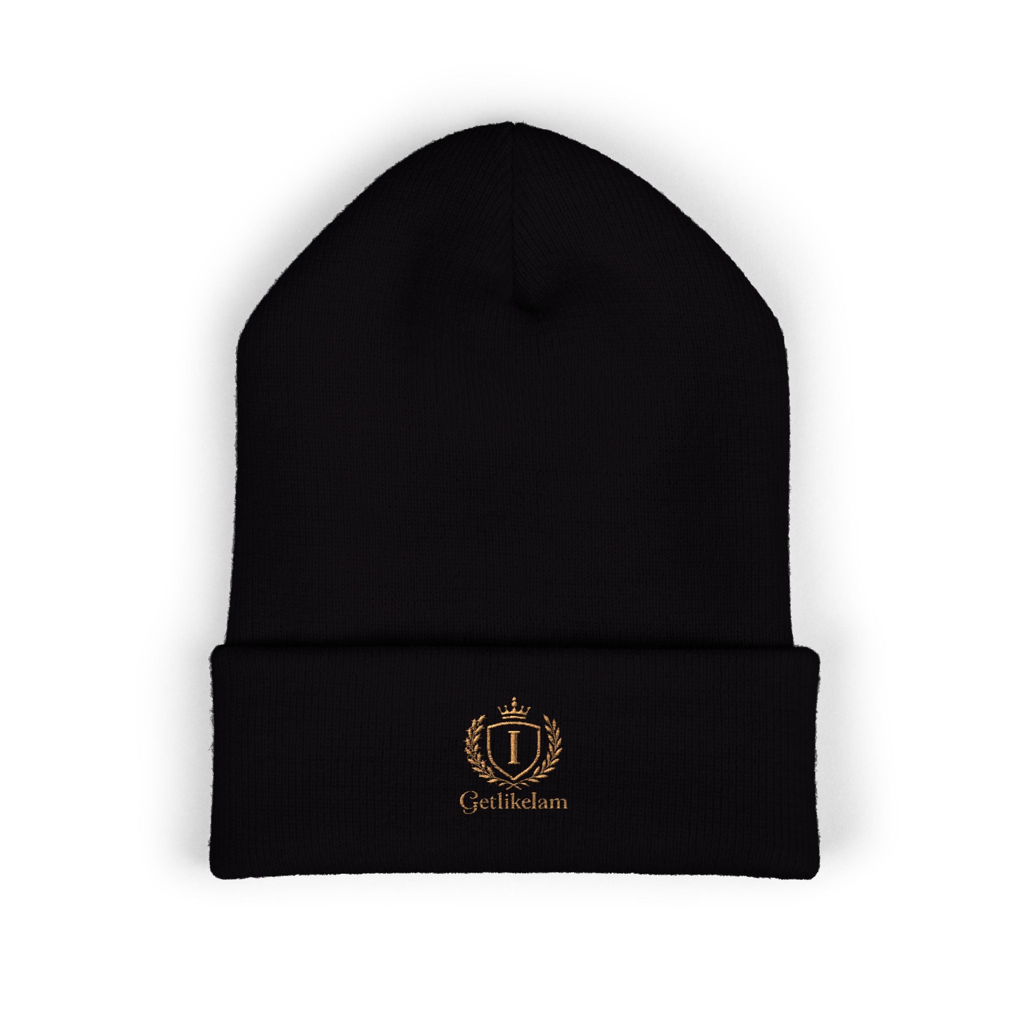 Embroidered Crest Cuffed Beanie — Classic White Knit Hat