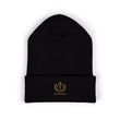Embroidered Crest Cuffed Beanie — Classic White Knit Hat