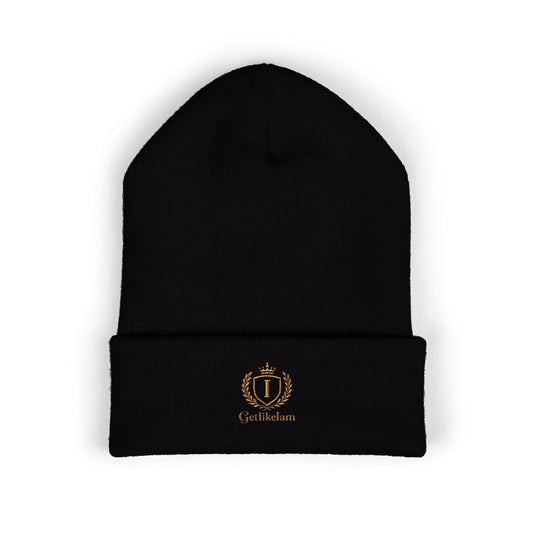 Embroidered Crest Cuffed Beanie — Classic White Knit Hat