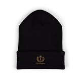 Embroidered Crest Cuffed Beanie — Classic White Knit Hat