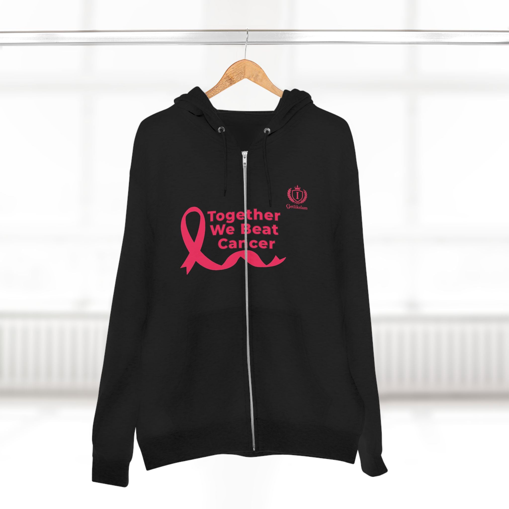 Breast Cancer Awareness Zip Hoodie — "Together We Beat Cancer" Pink Ribbon