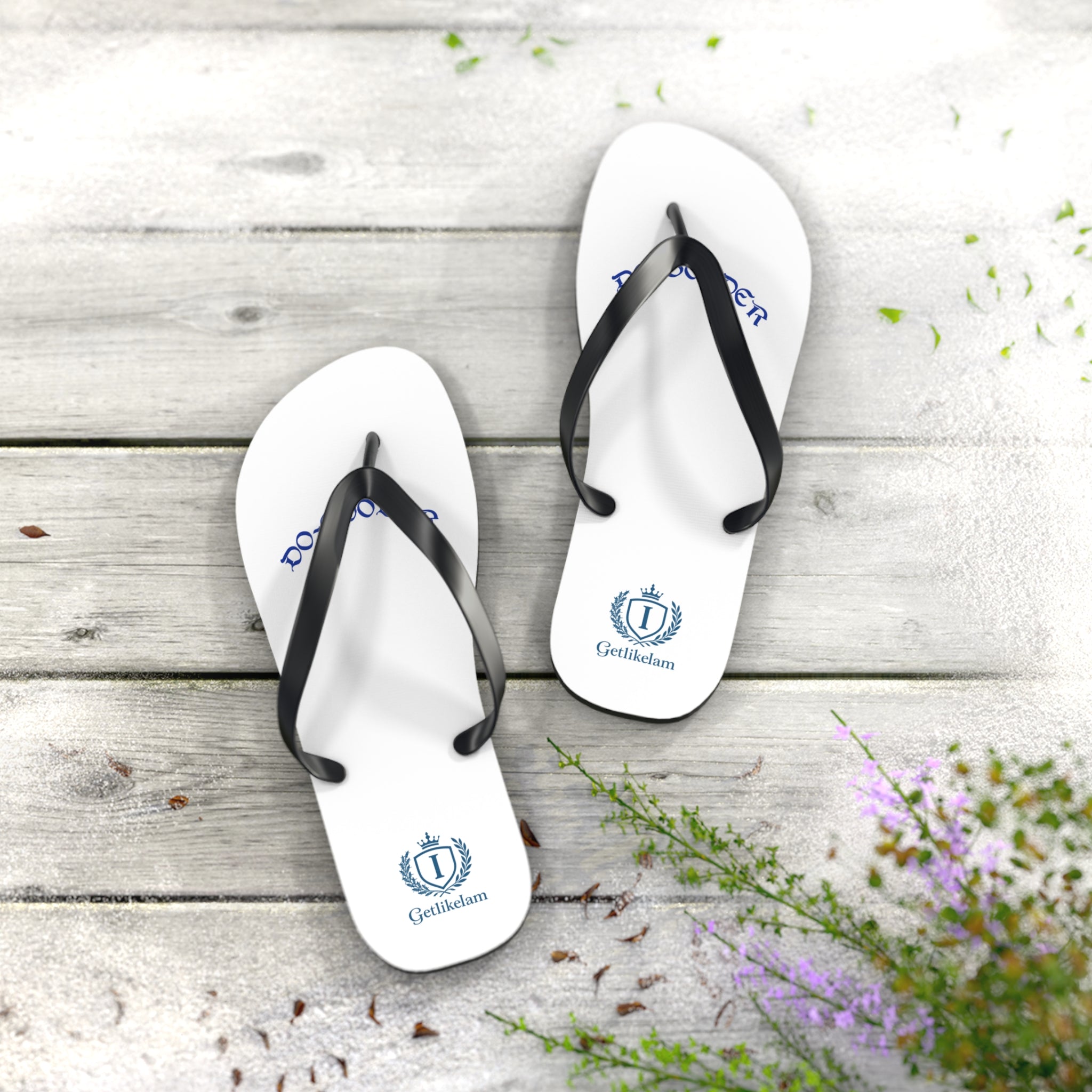 Personalized White Flip Flops with Blue Crest Logo – Custom Pool & Beach Sandals