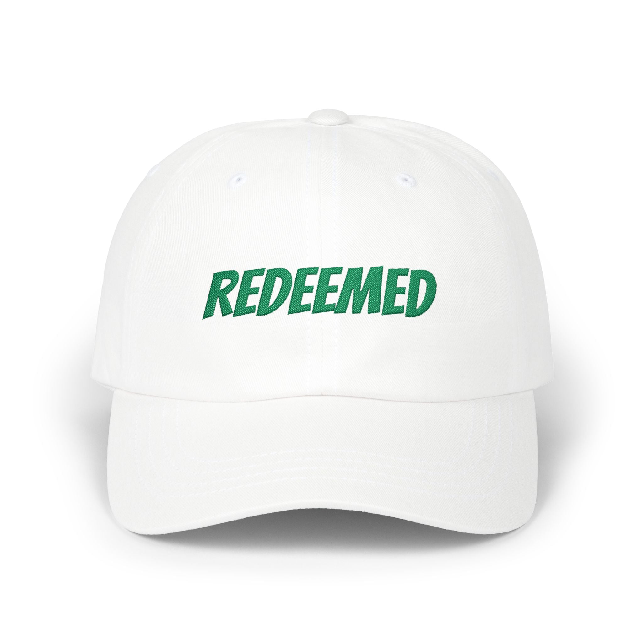 Redeemed Embroidered Dad Cap — White Baseball Hat with Green Script
