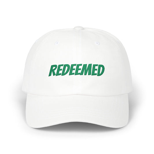 Redeemed Embroidered Dad Cap — White Baseball Hat with Green Script